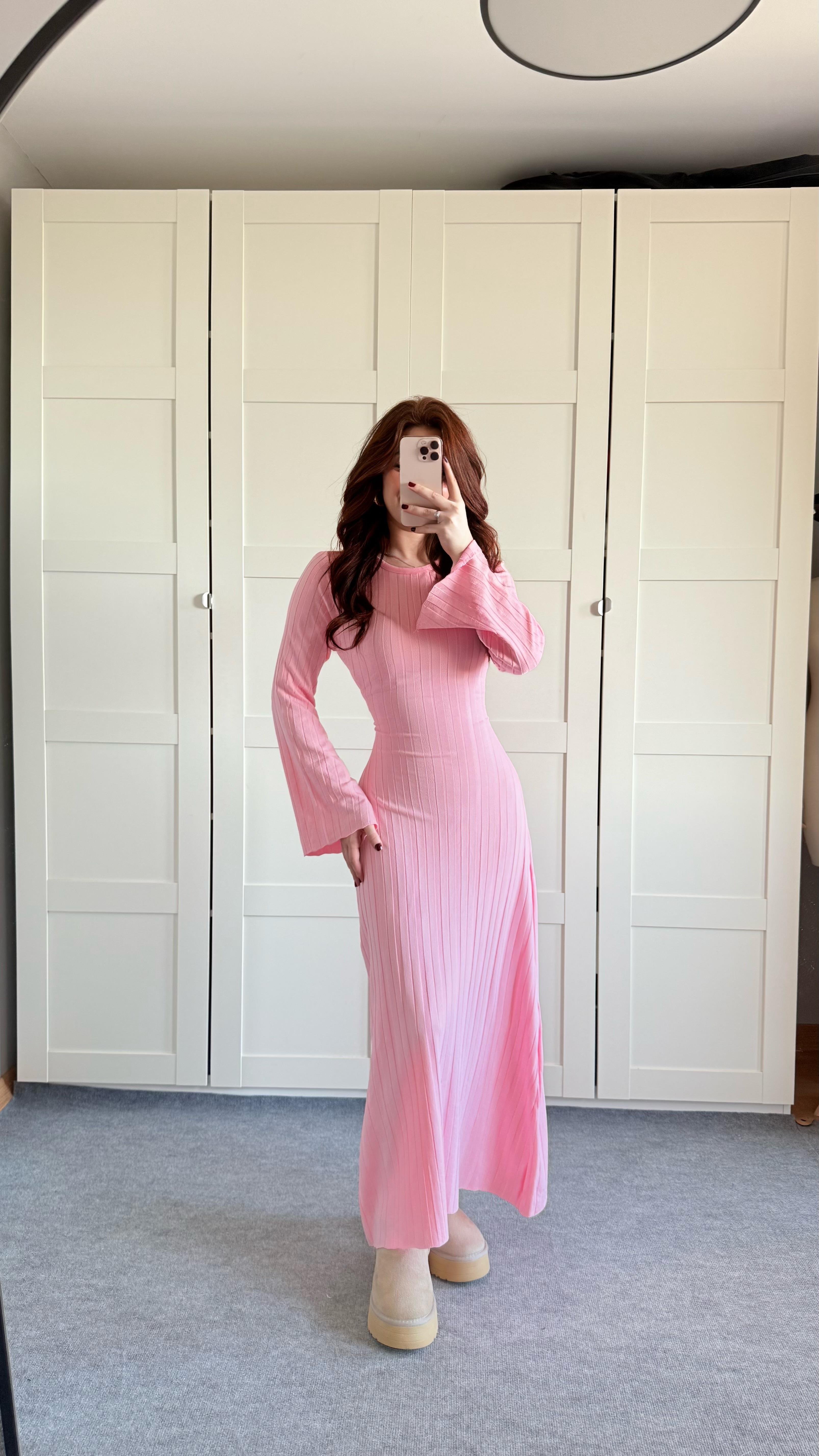 Triko Belden Bağlamalı Elbise Pembe