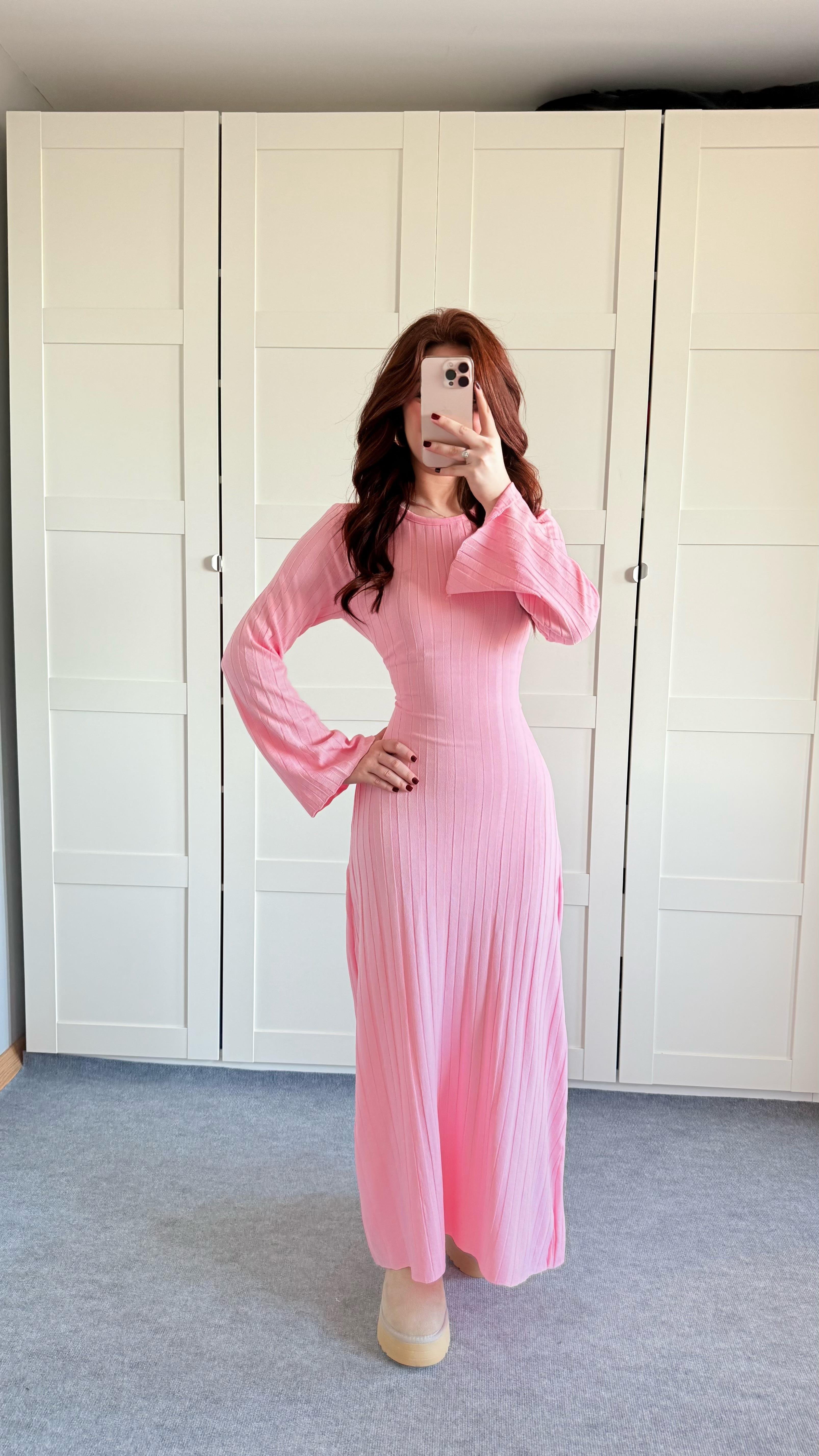 Triko Belden Bağlamalı Elbise Pembe