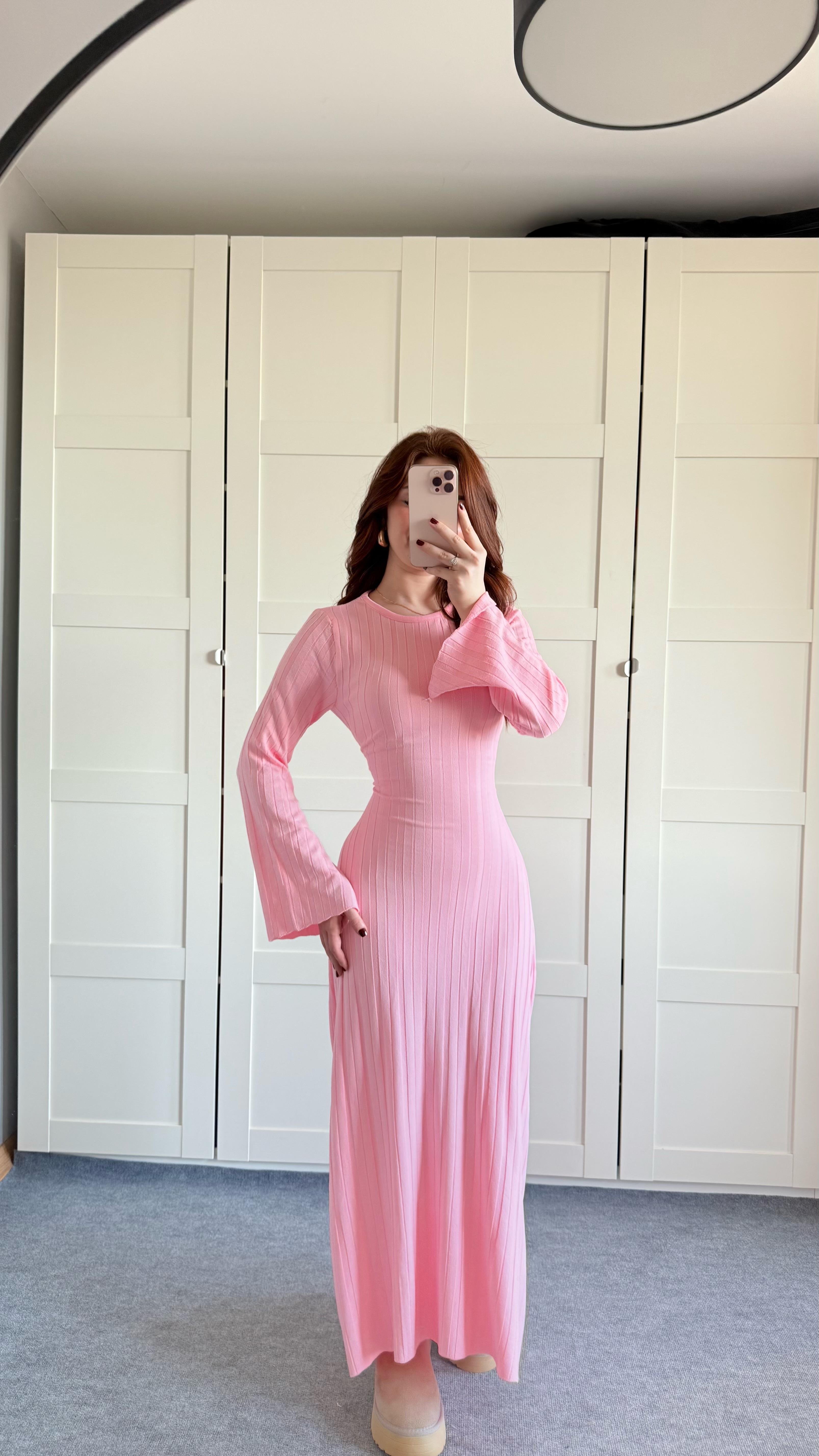 Triko Belden Bağlamalı Elbise Pembe