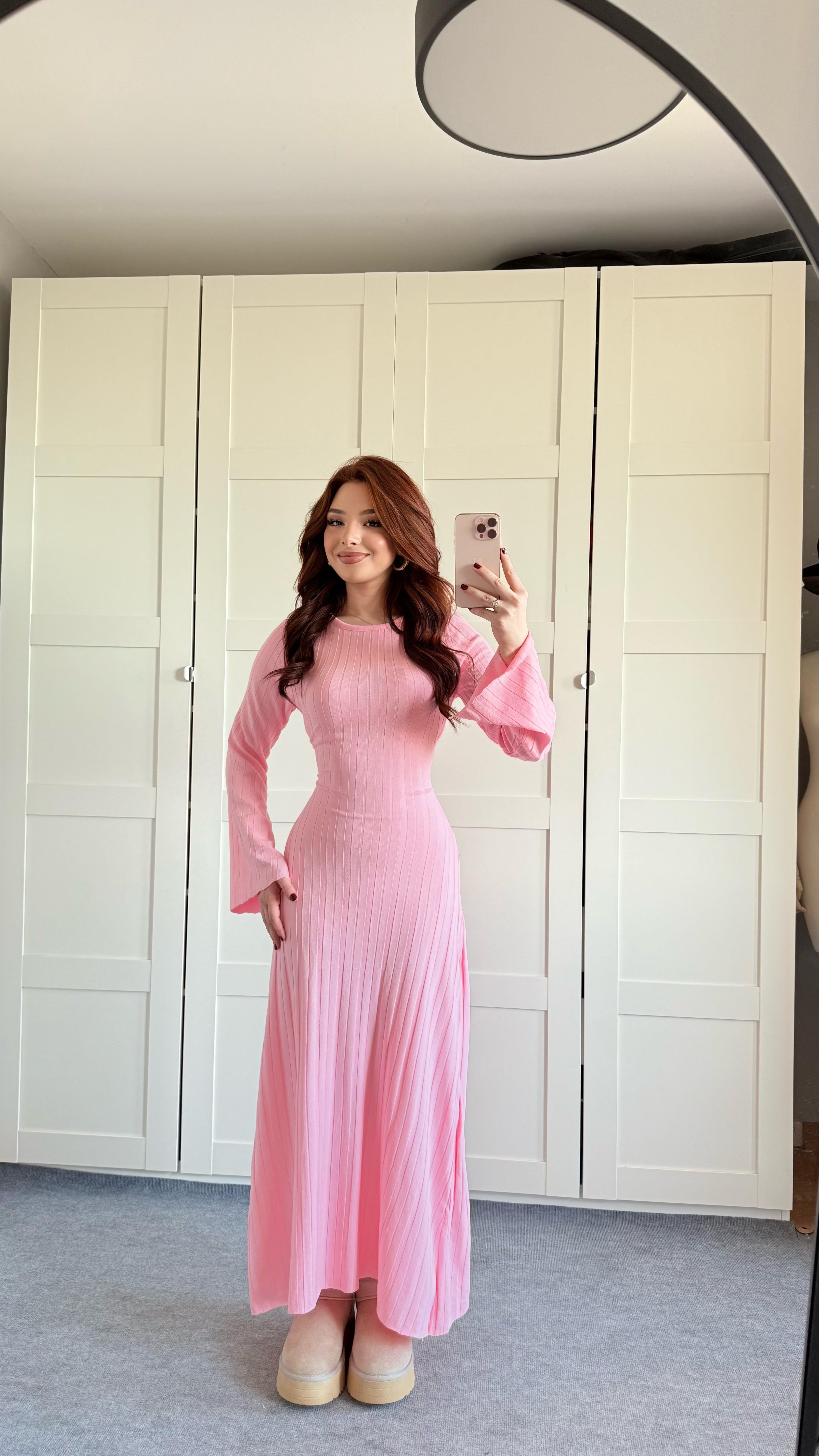 Triko Belden Bağlamalı Elbise Pembe
