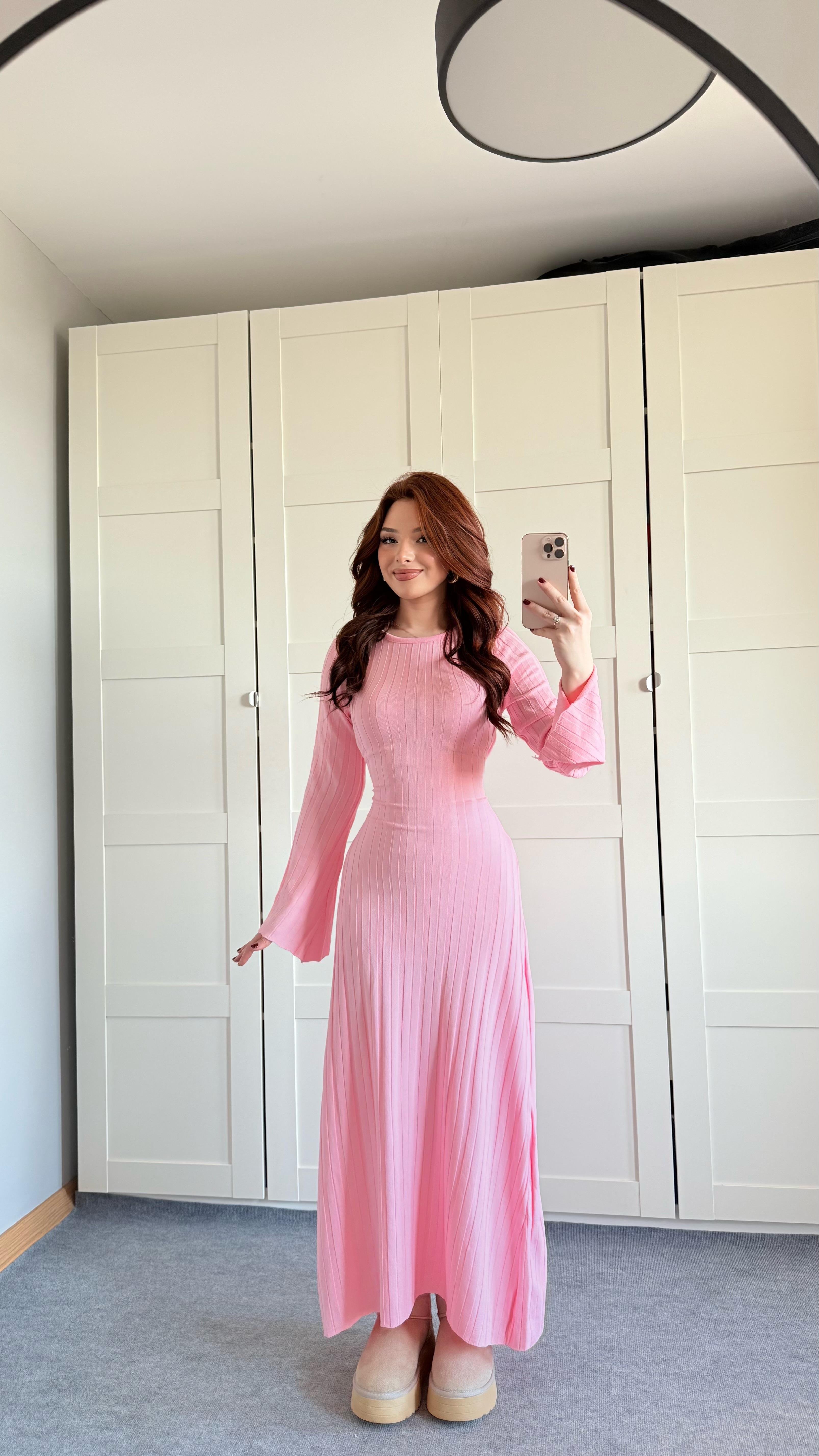 Triko Belden Bağlamalı Elbise Pembe