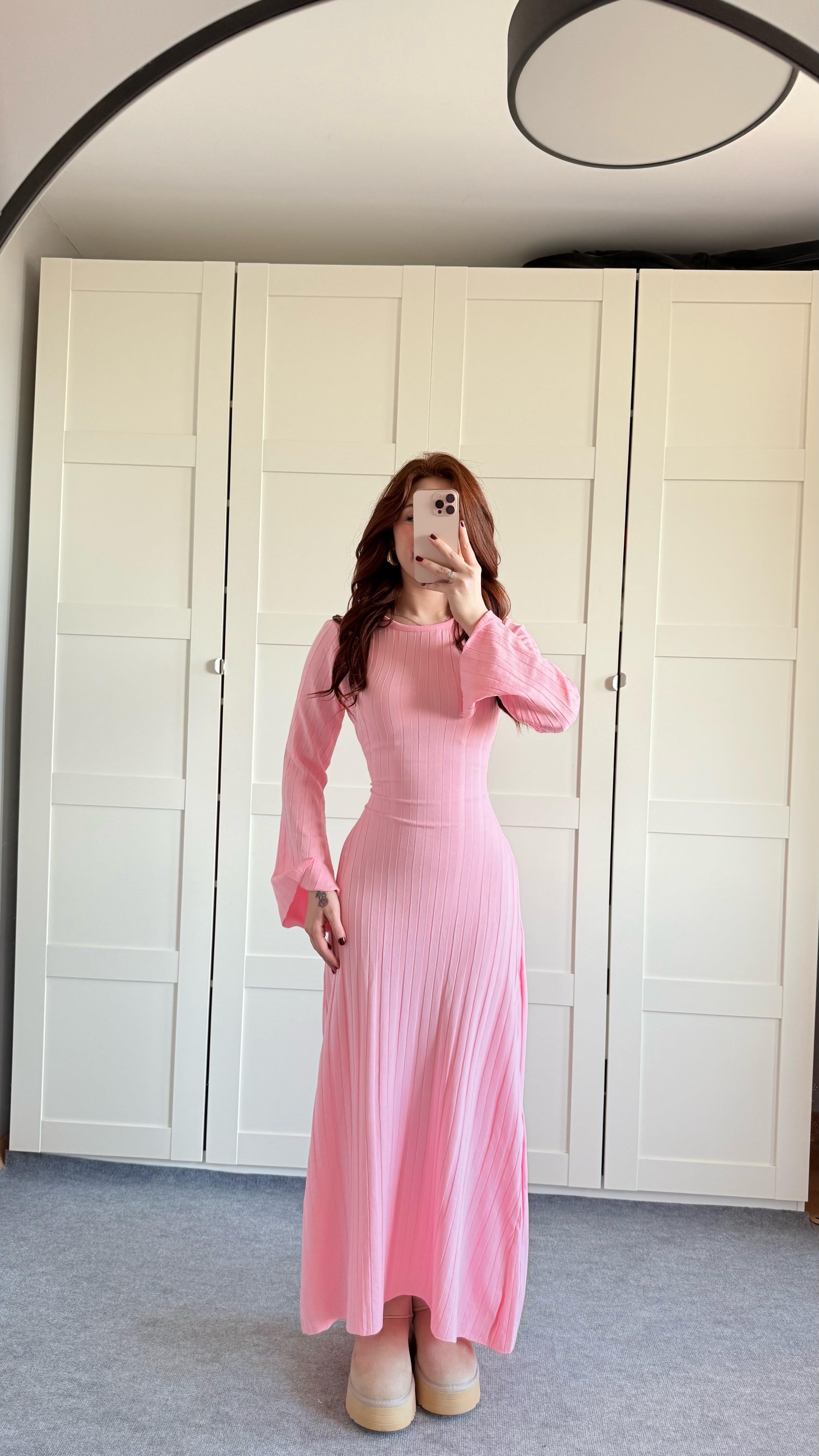 Triko Belden Bağlamalı Elbise Pembe