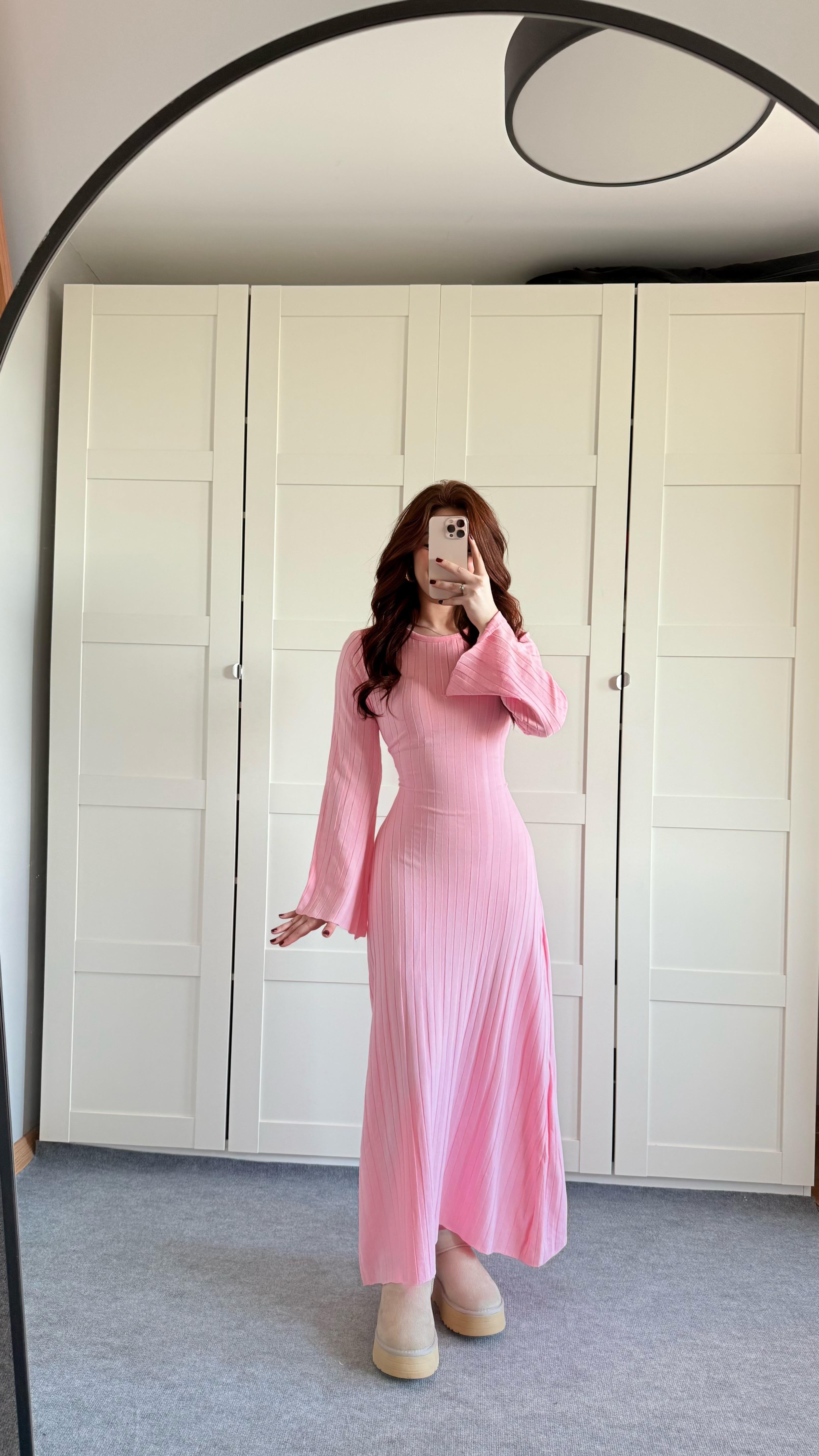 Triko Belden Bağlamalı Elbise Pembe