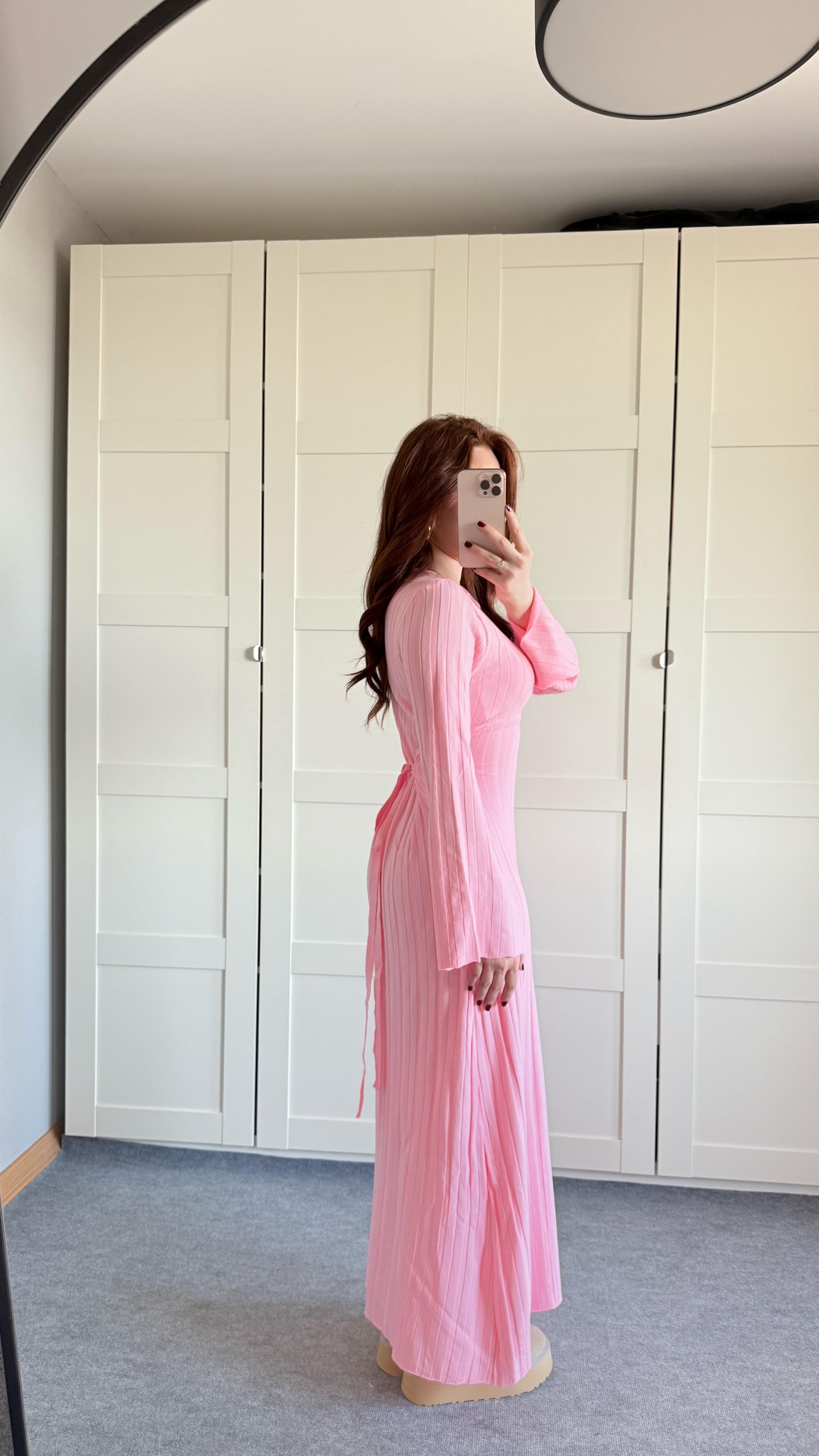Triko Belden Bağlamalı Elbise Pembe
