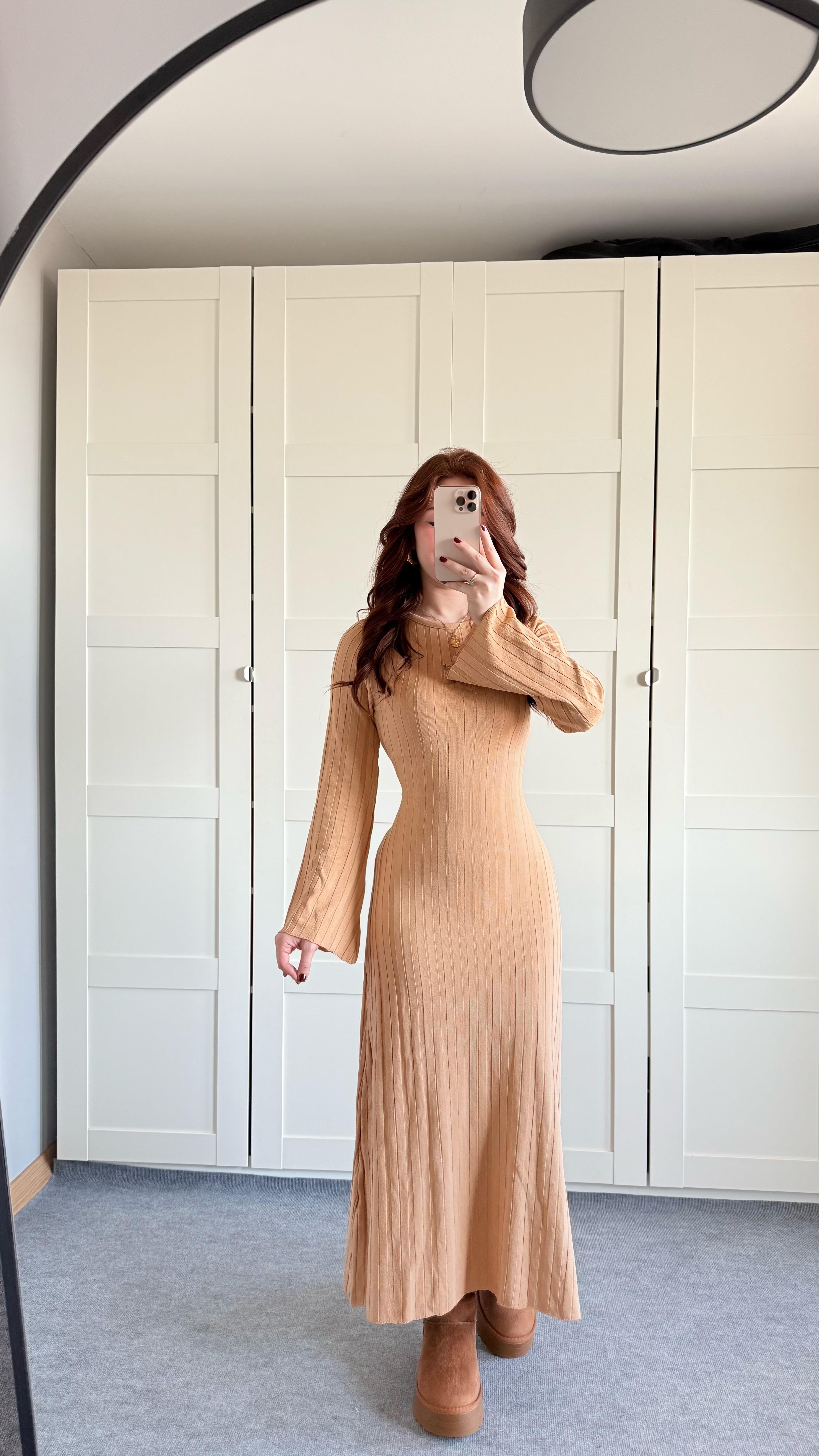 Triko Belden Bağlamalı Elbise Sütlü Kahverengi