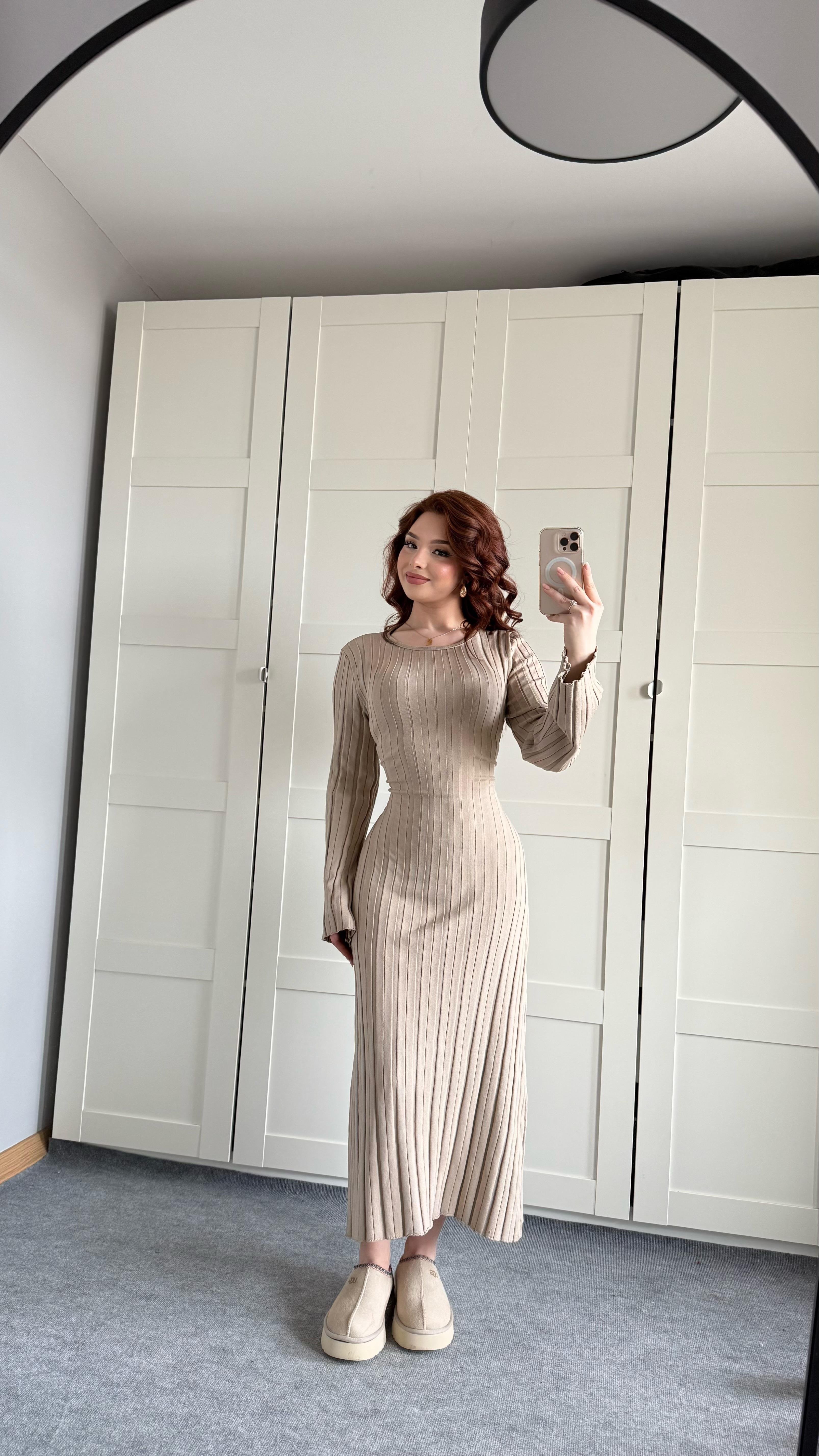 Triko Belden Bağlamalı Elbise Vizon