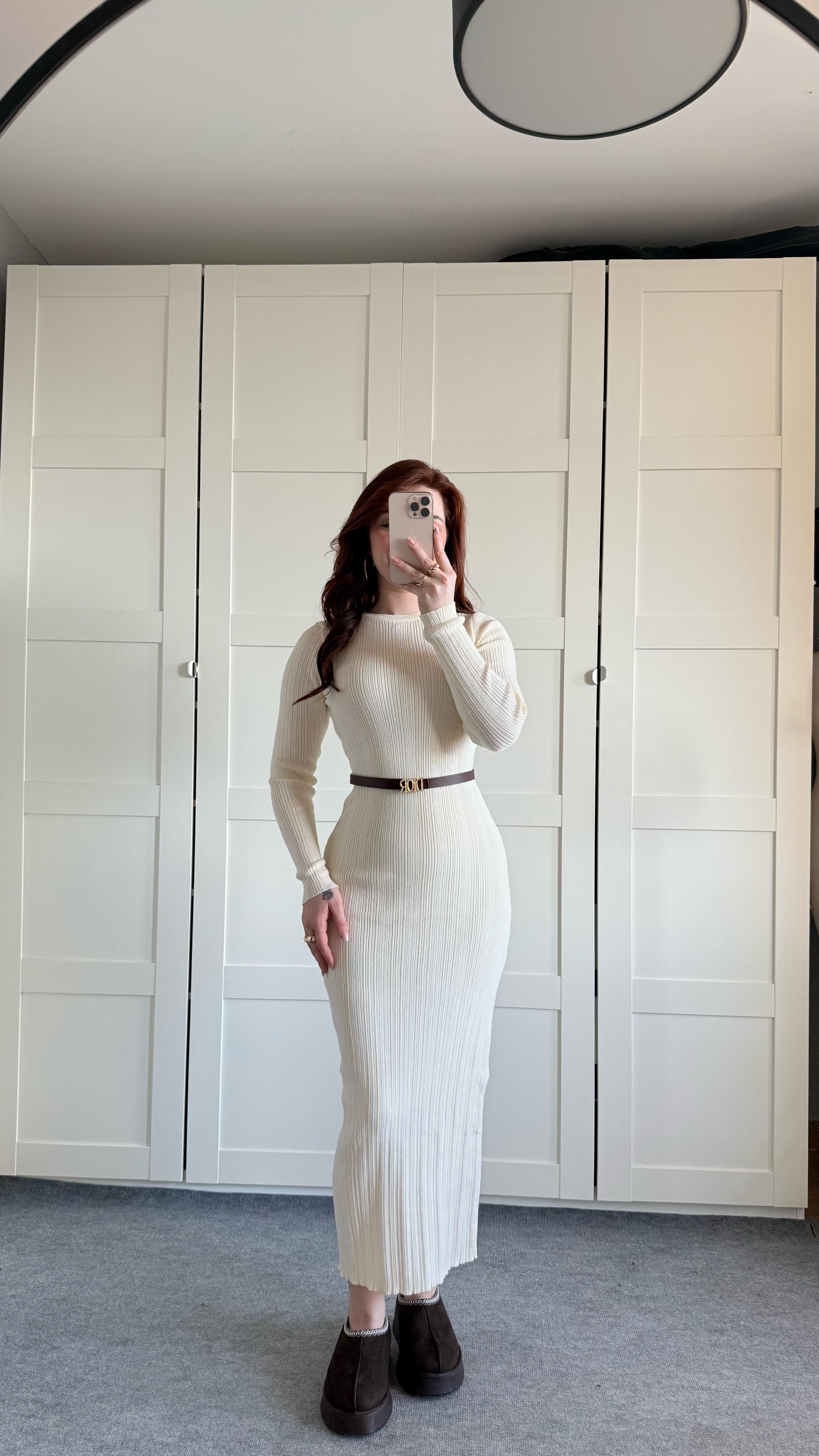 Triko Bisiklet Yaka Midi Elbise Beyaz