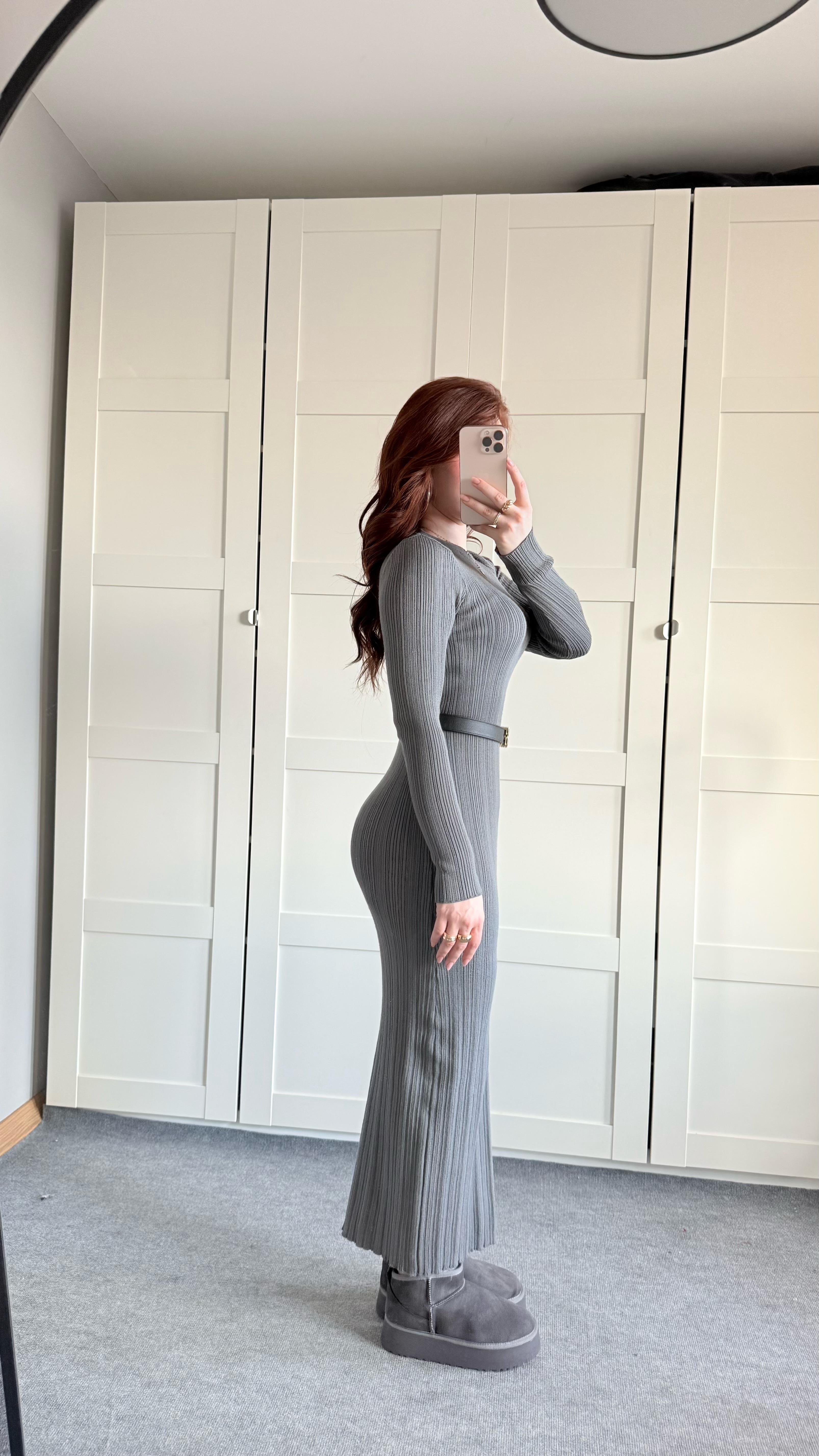 Triko Bisiklet Yaka Midi Elbise Gri