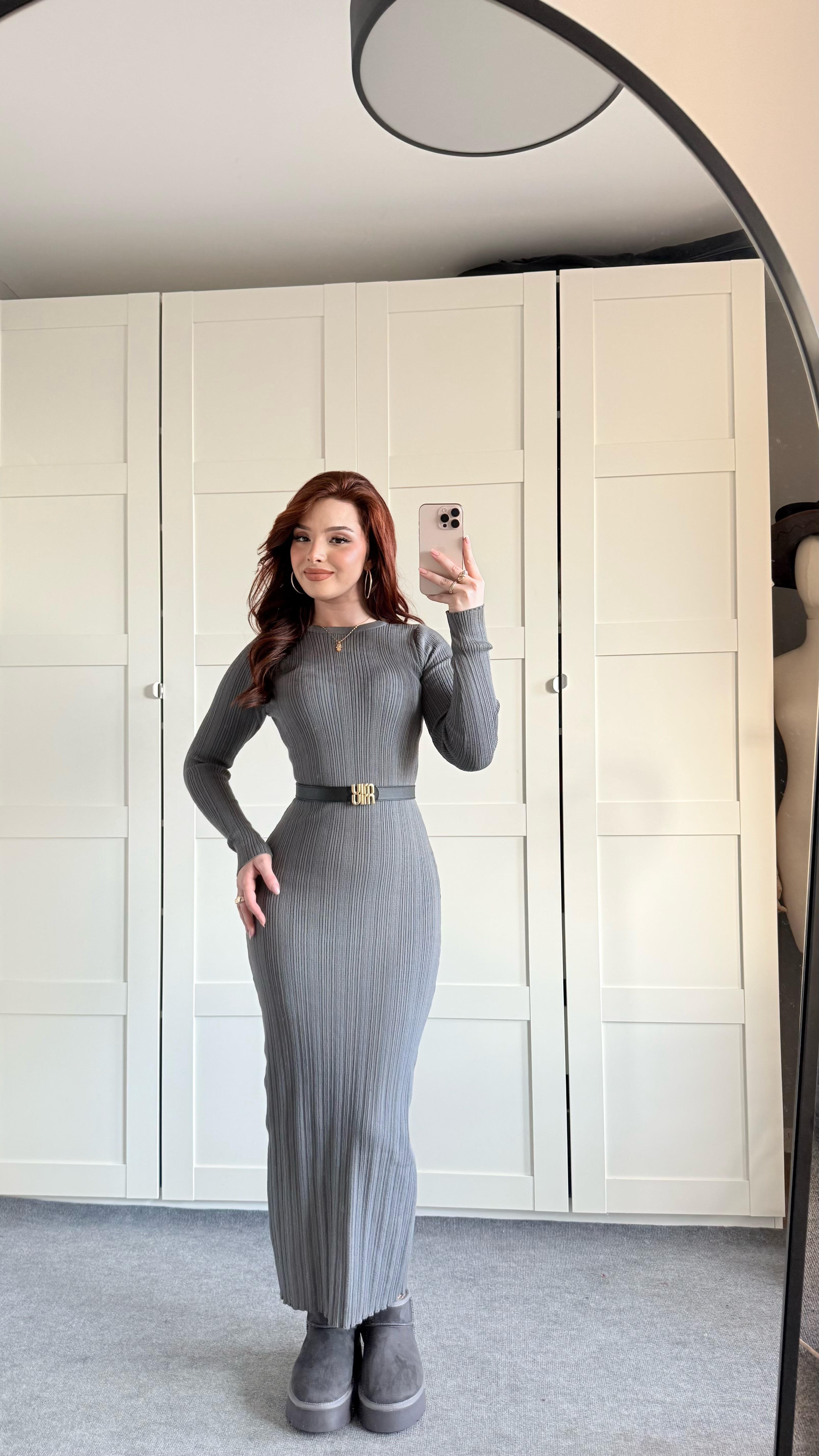 Triko Bisiklet Yaka Midi Elbise Gri