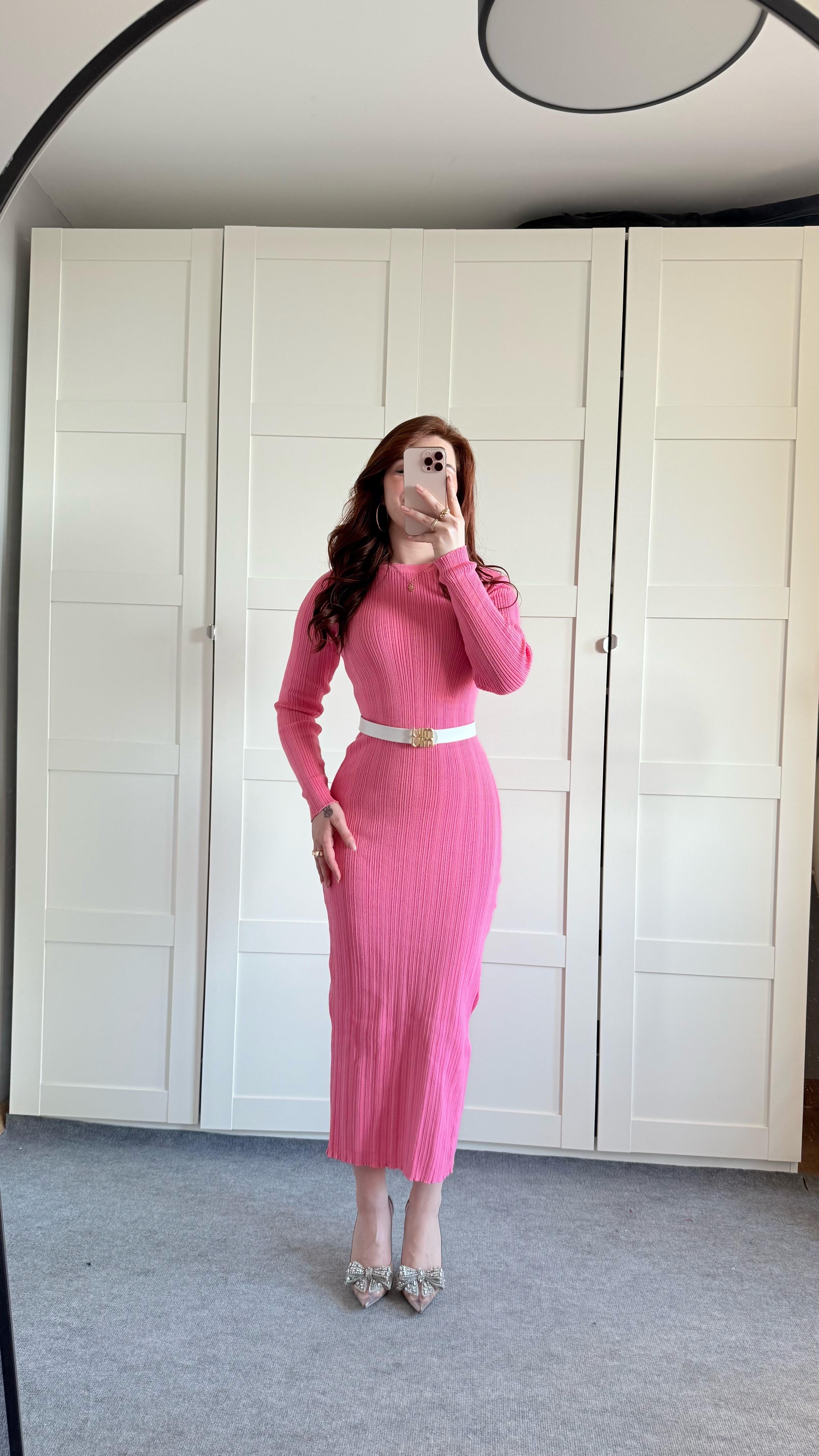Triko Bisiklet Yaka Midi Elbise Pembe