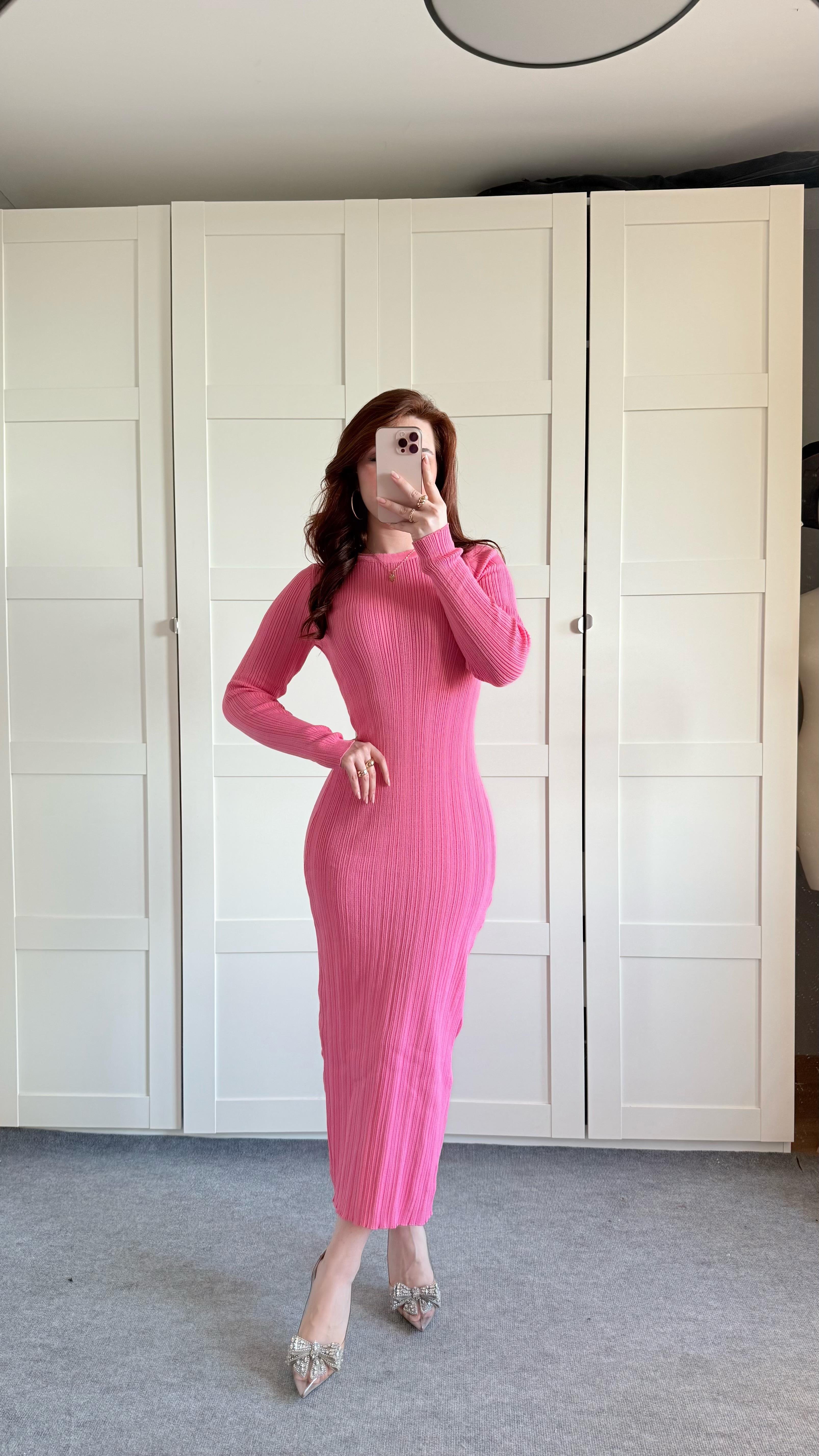 Triko Bisiklet Yaka Midi Elbise Pembe