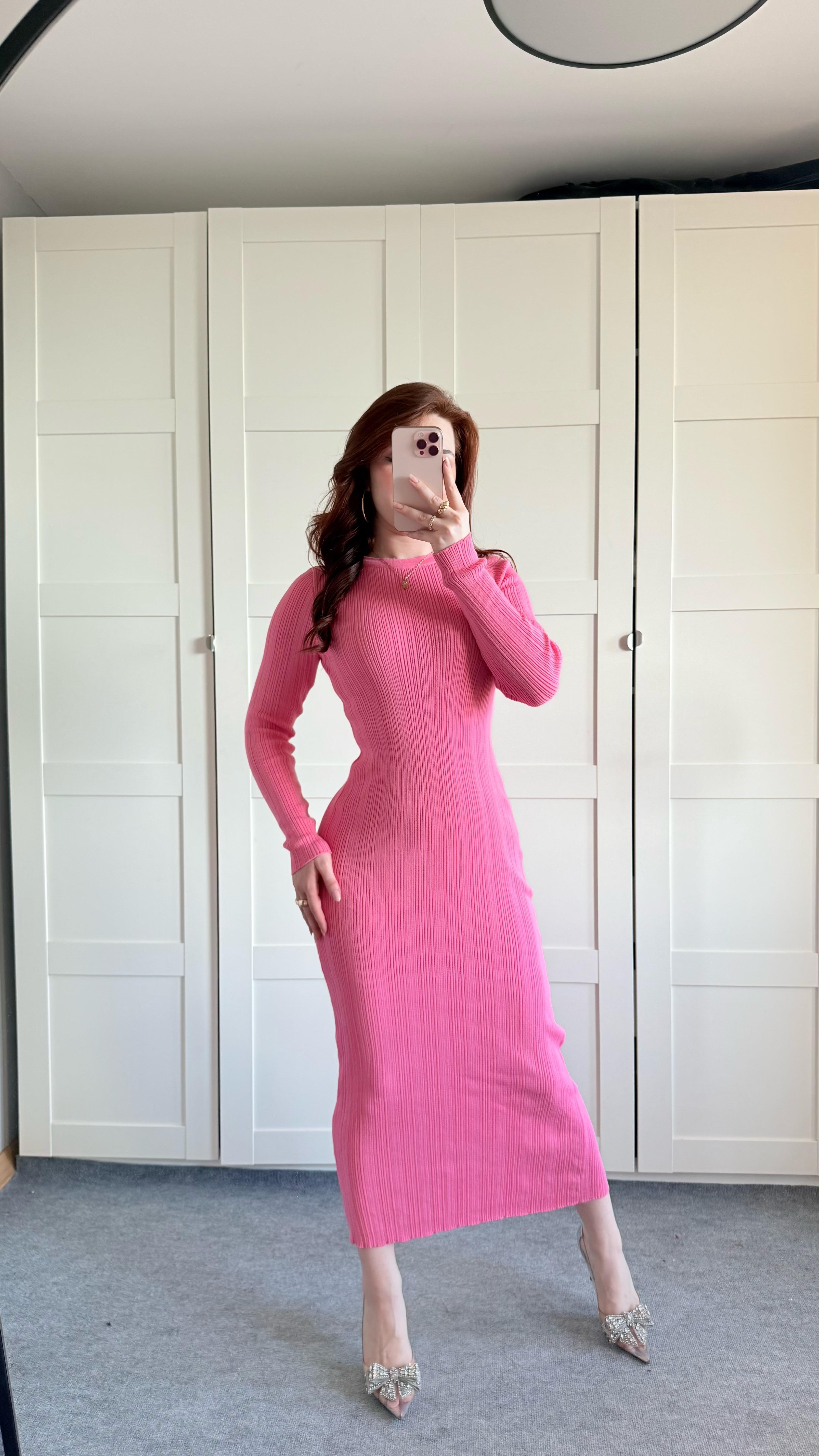 Triko Bisiklet Yaka Midi Elbise Pembe