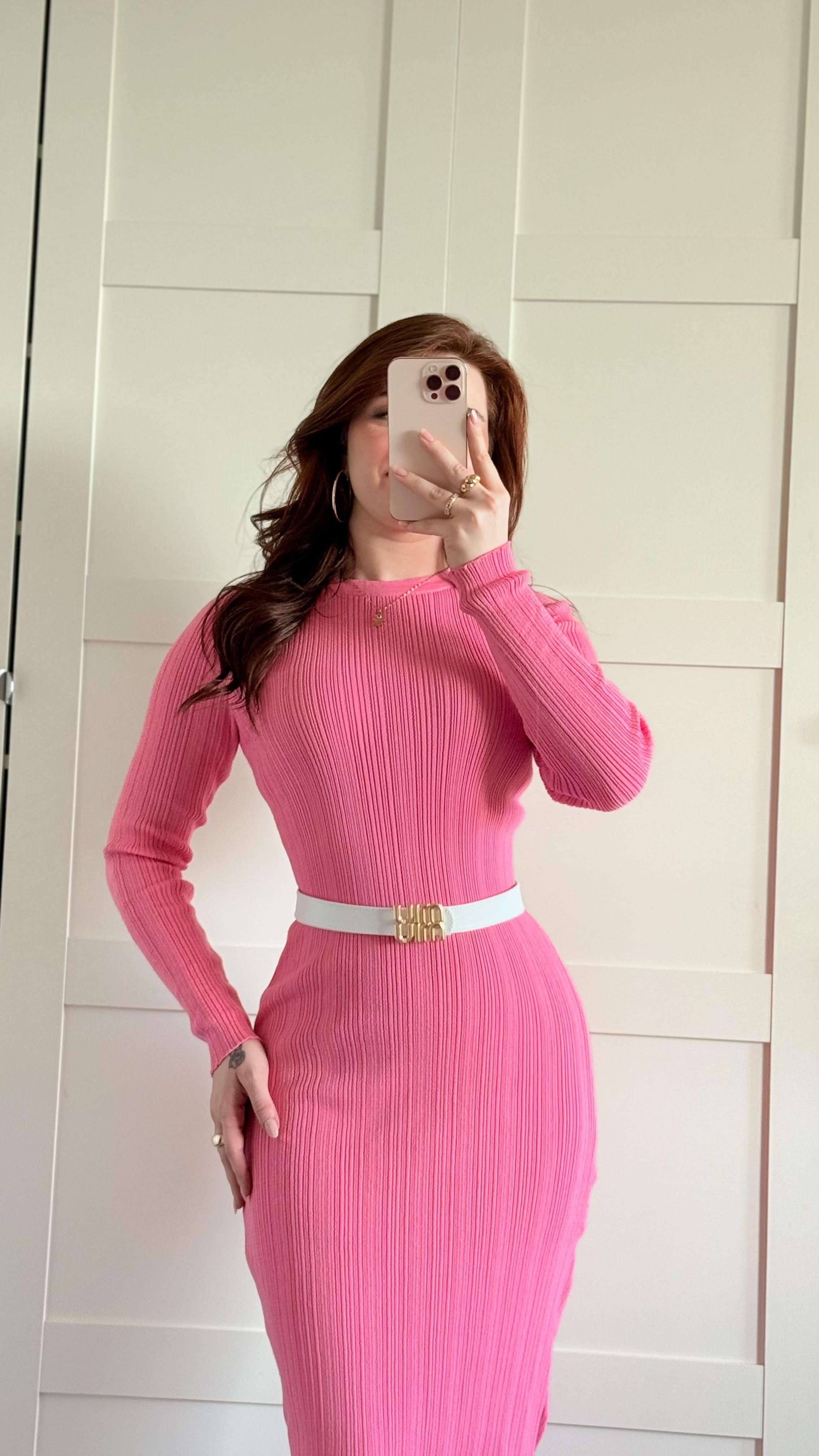 Triko Bisiklet Yaka Midi Elbise Pembe