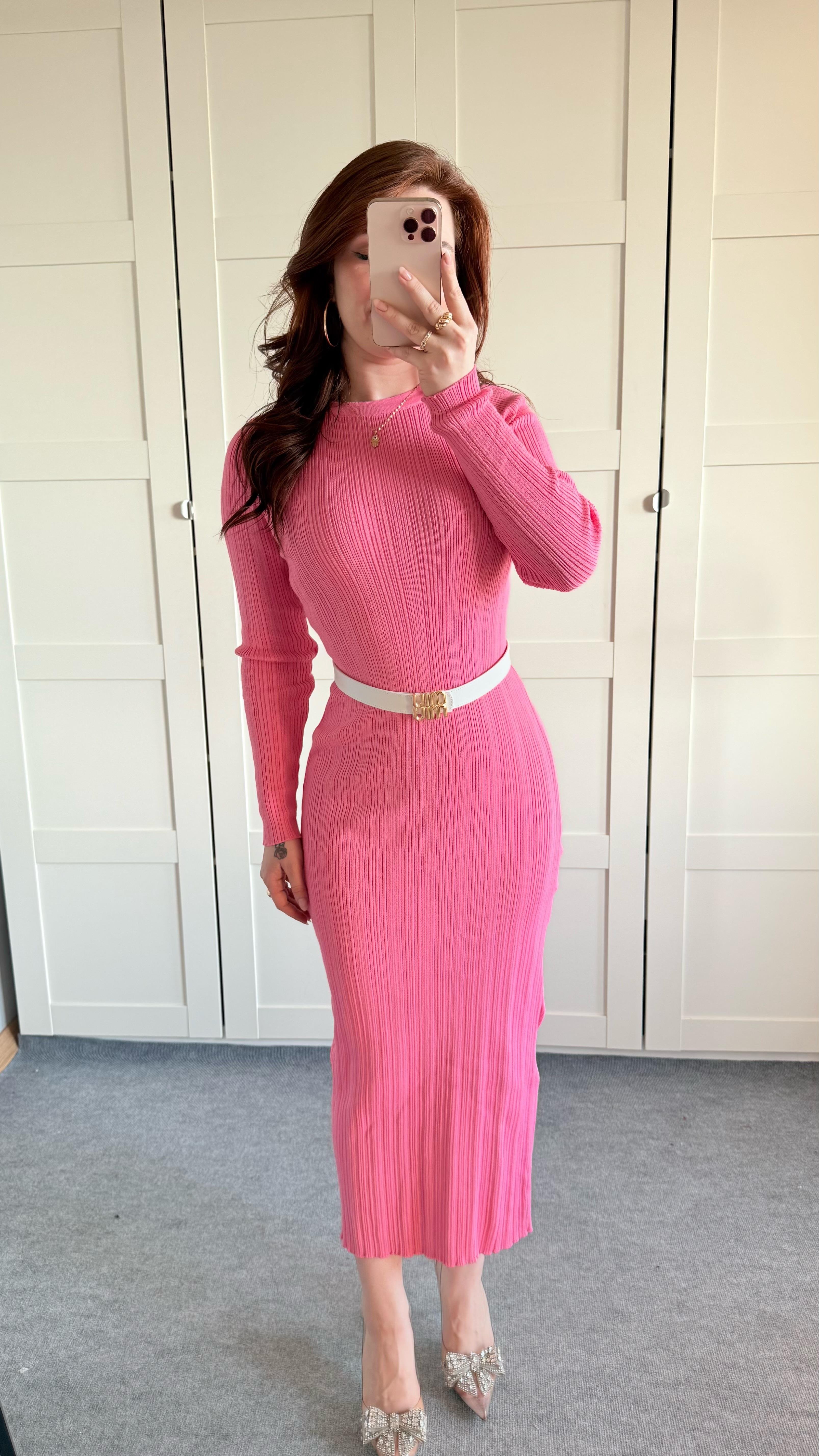 Triko Bisiklet Yaka Midi Elbise Pembe