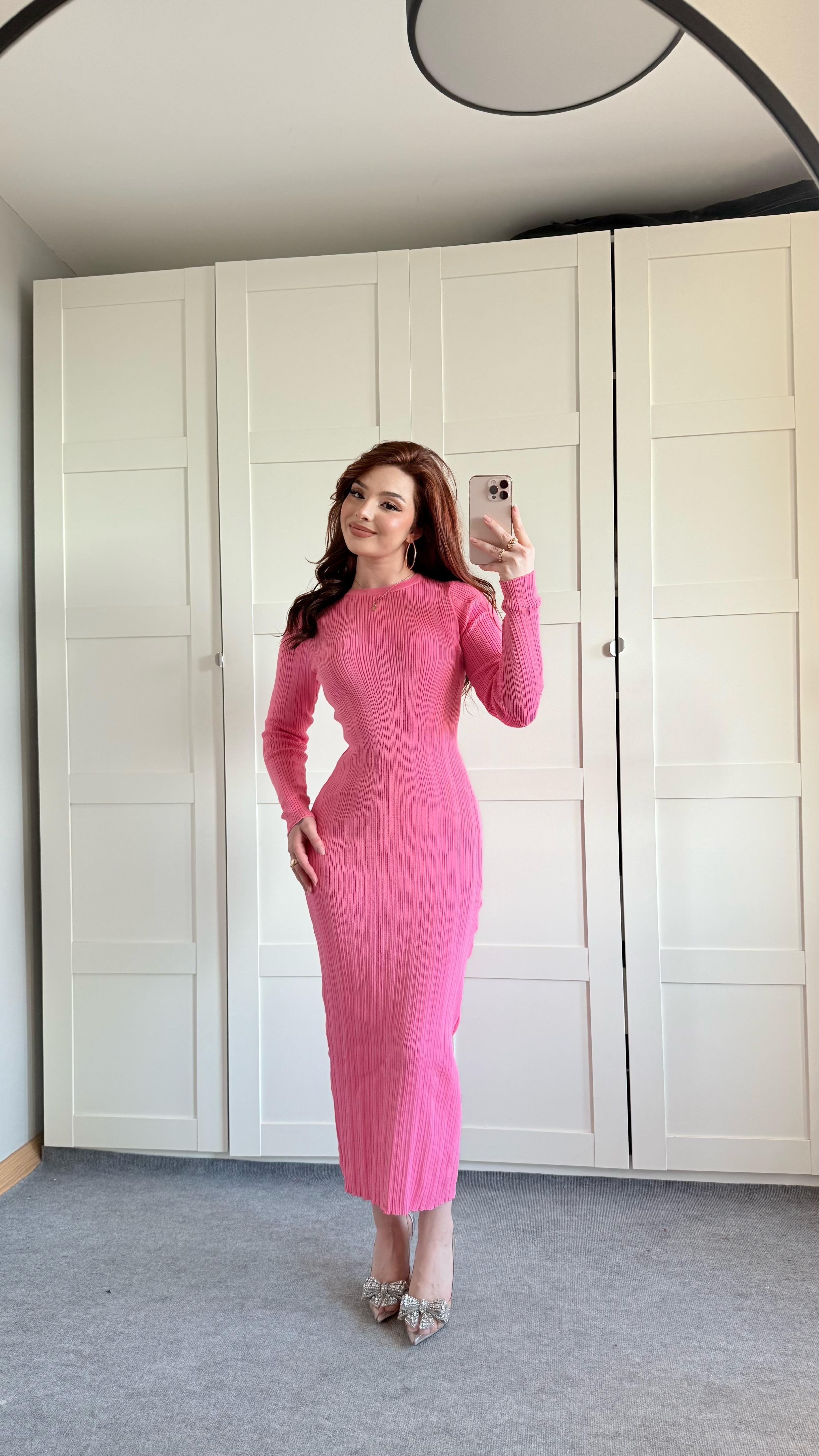 Triko Bisiklet Yaka Midi Elbise Pembe