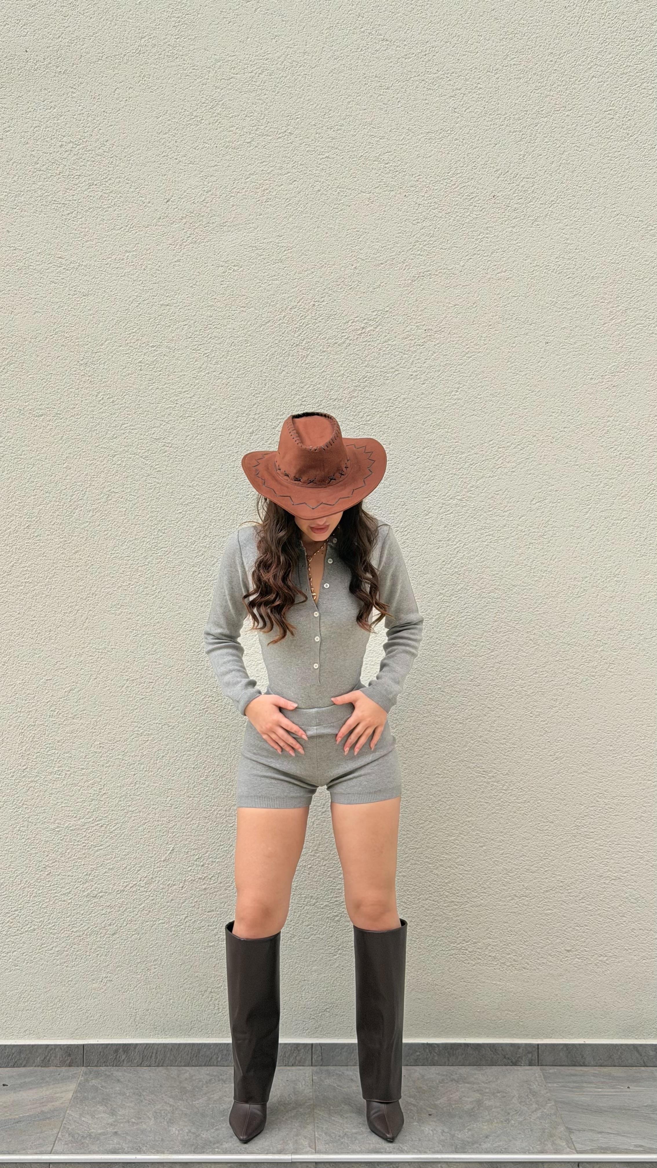 Triko Bodysuit Şort Takım Gri