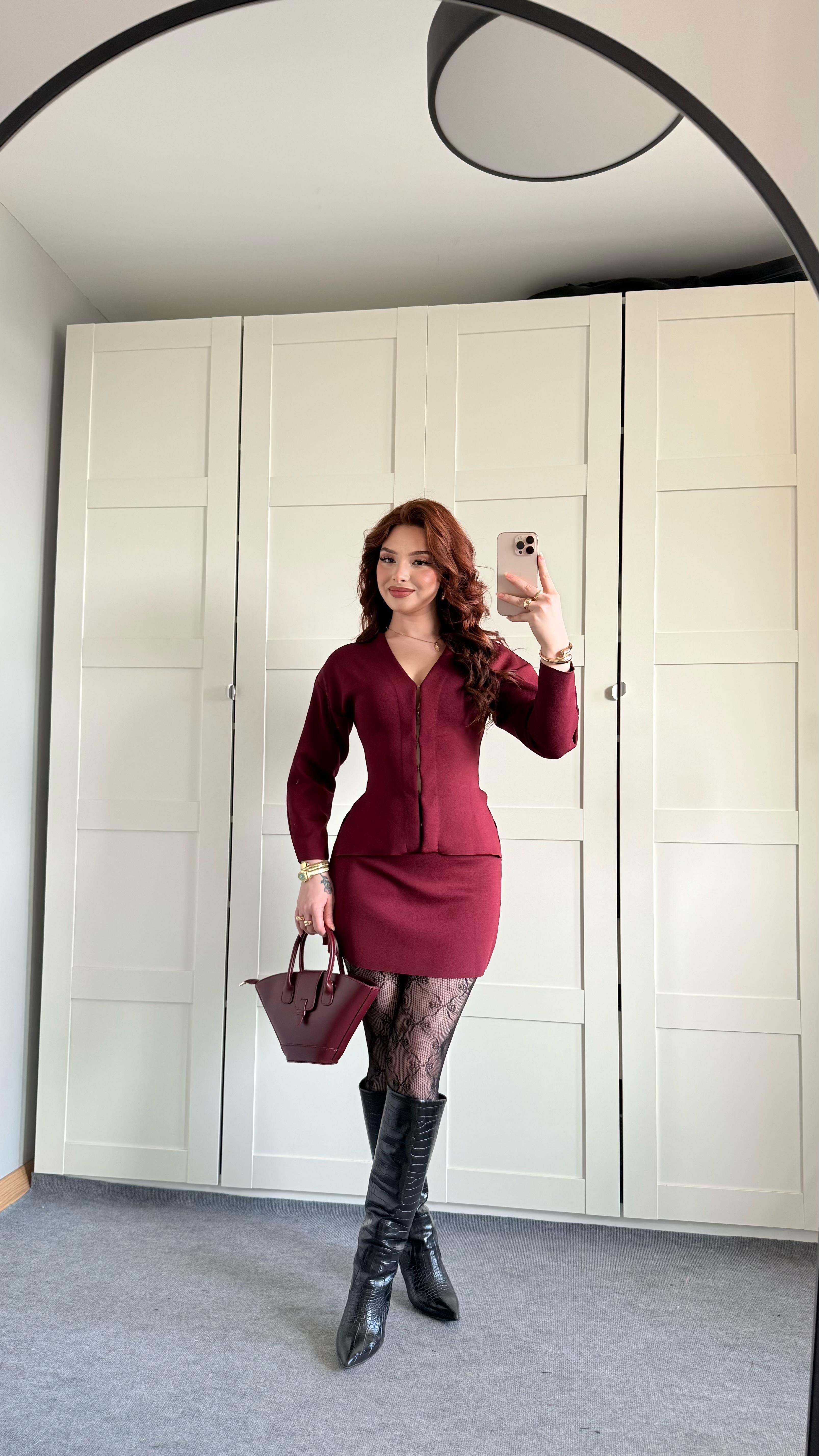 Triko Ceket Etek Takım Bordo