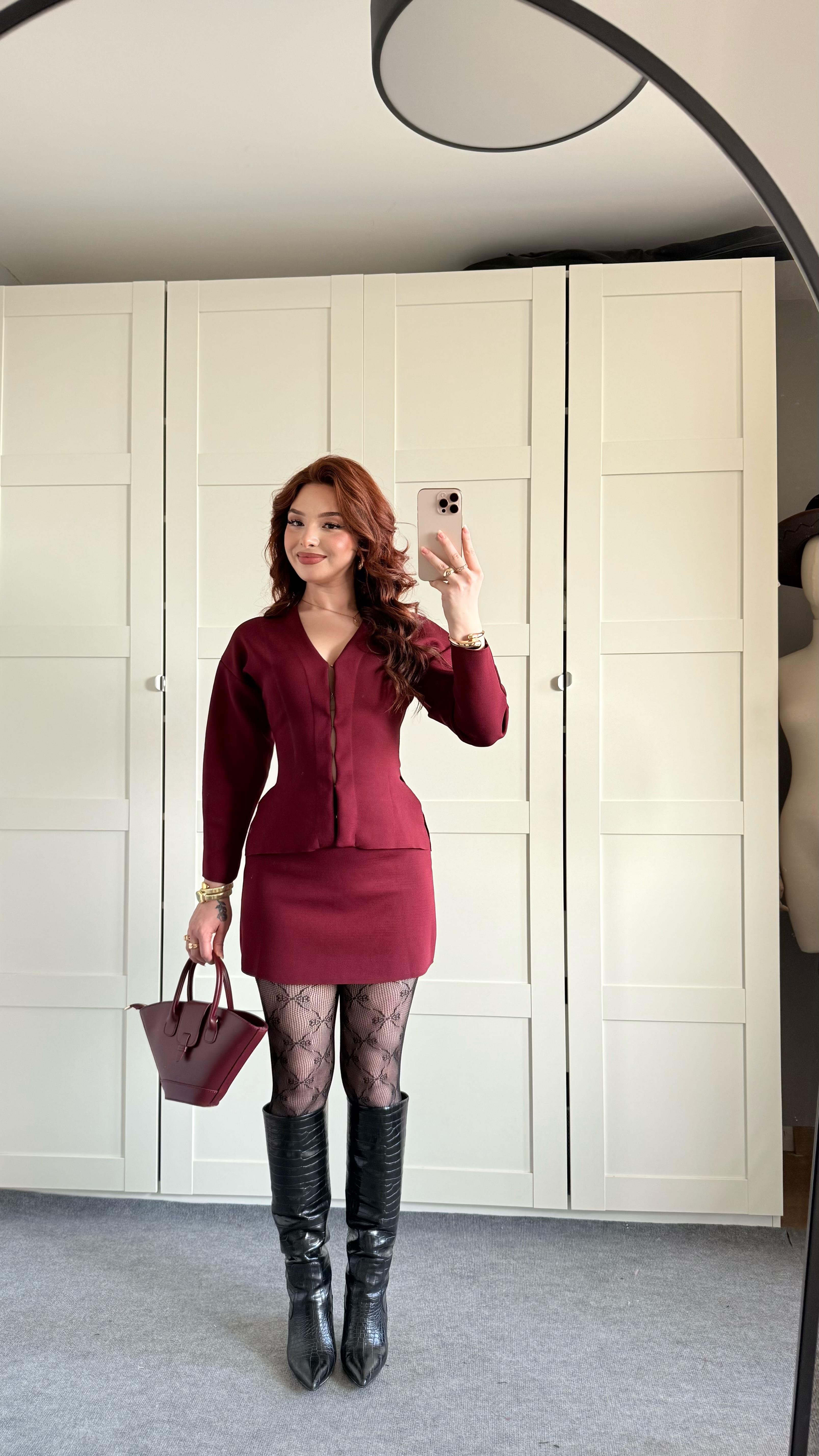 Triko Ceket Etek Takım Bordo