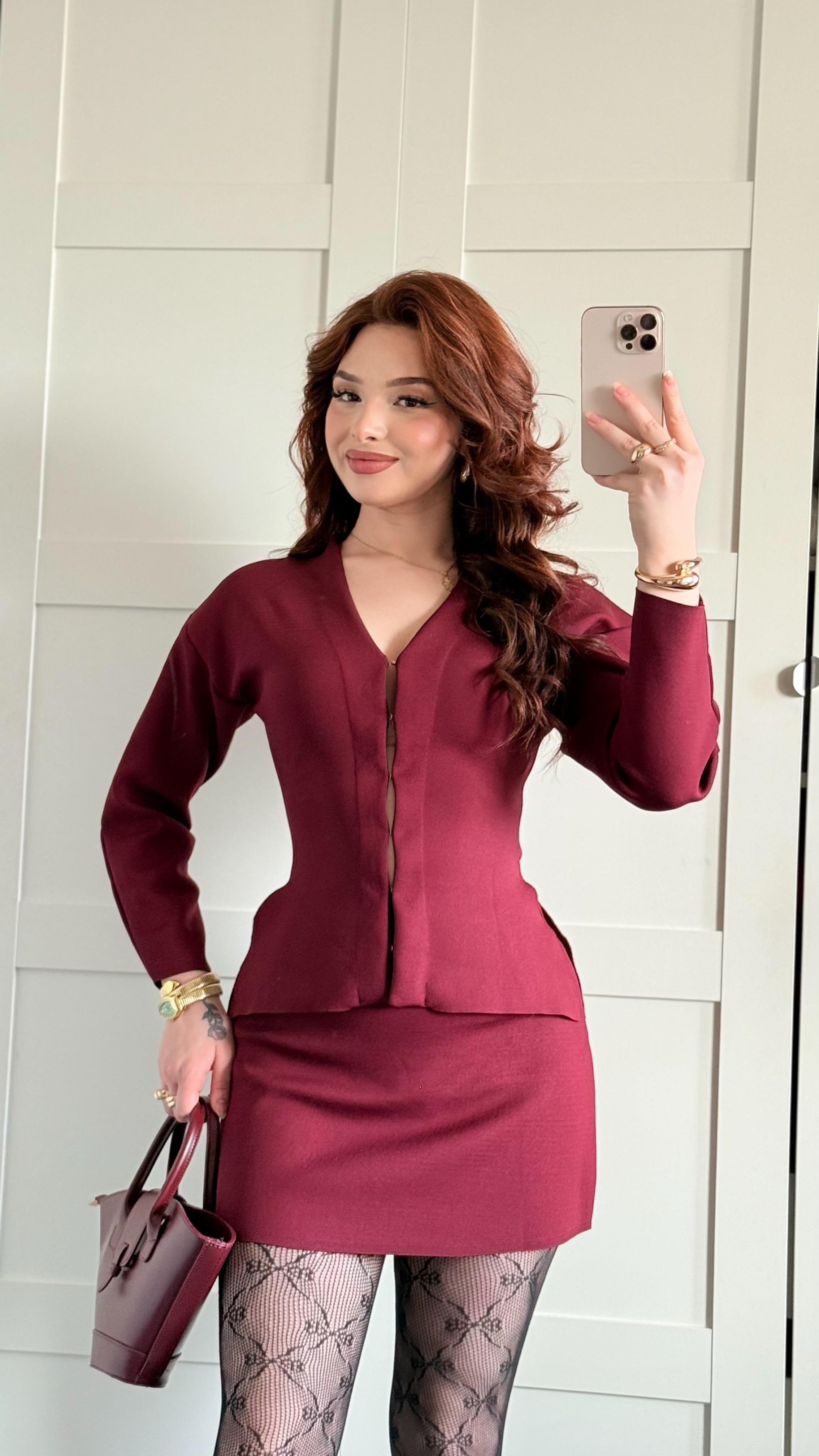 Triko Ceket Etek Takım Bordo