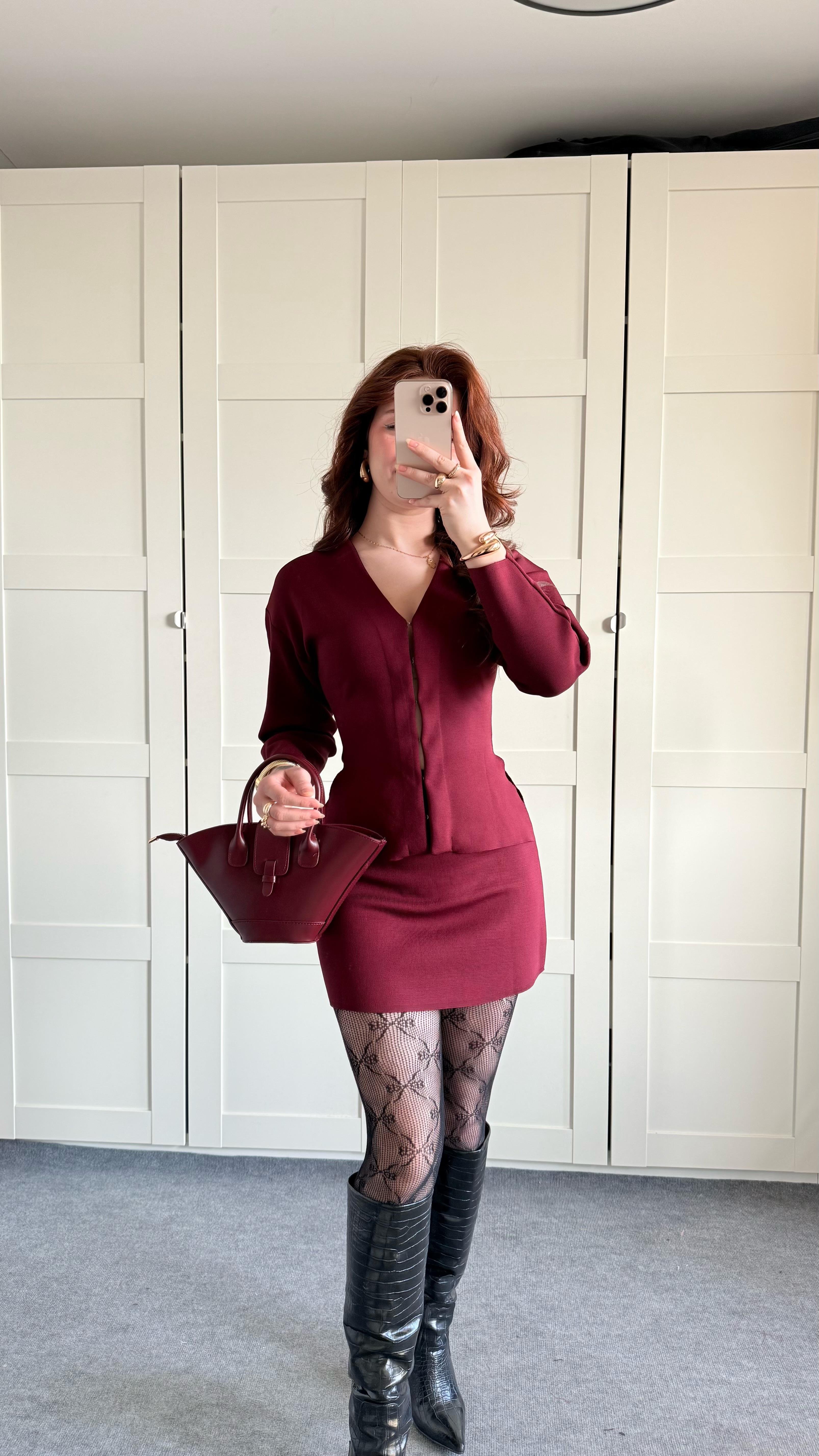 Triko Ceket Etek Takım Bordo