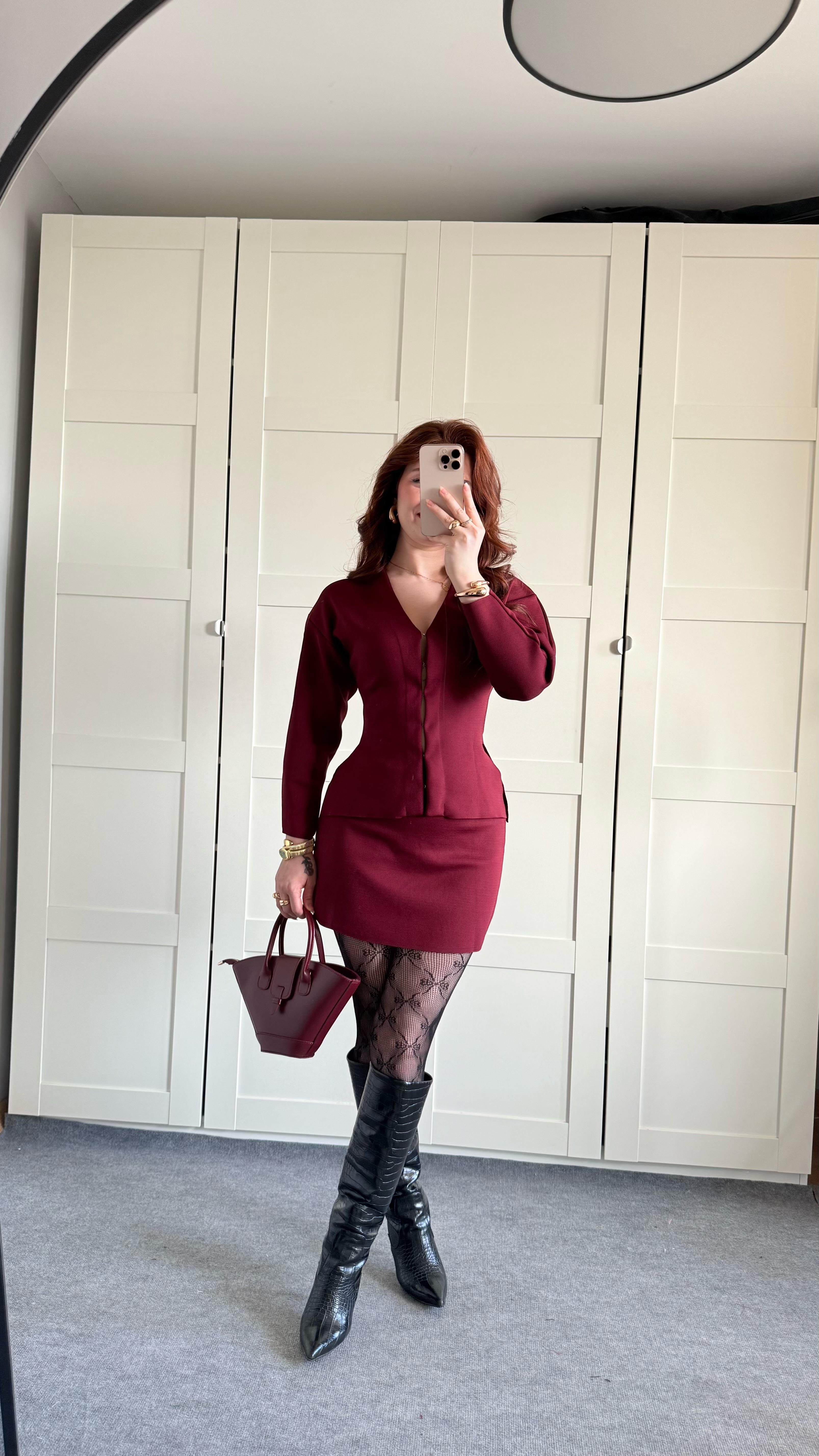 Triko Ceket Etek Takım Bordo