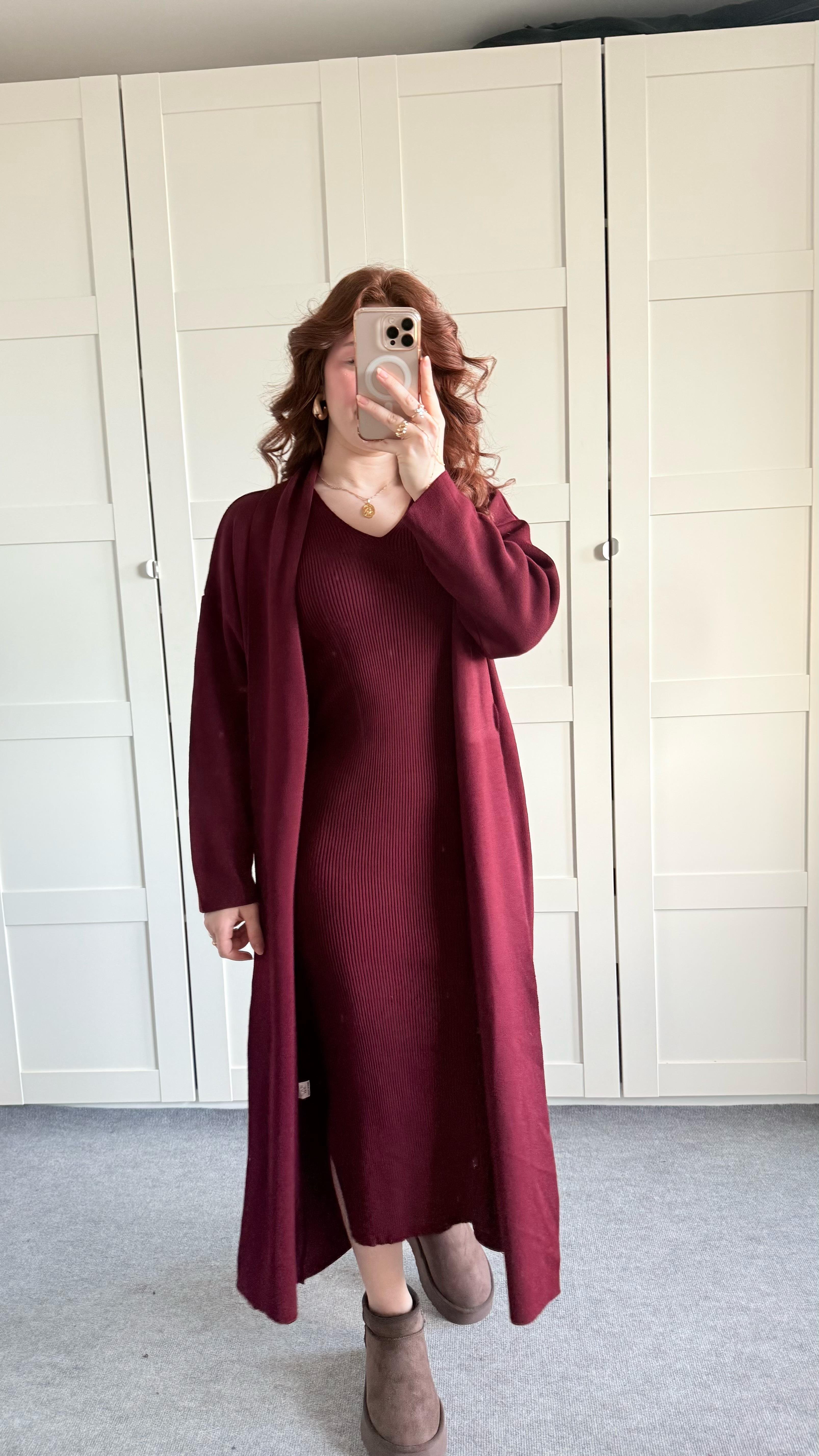 Triko Elbise Hırka Takım Bordo
