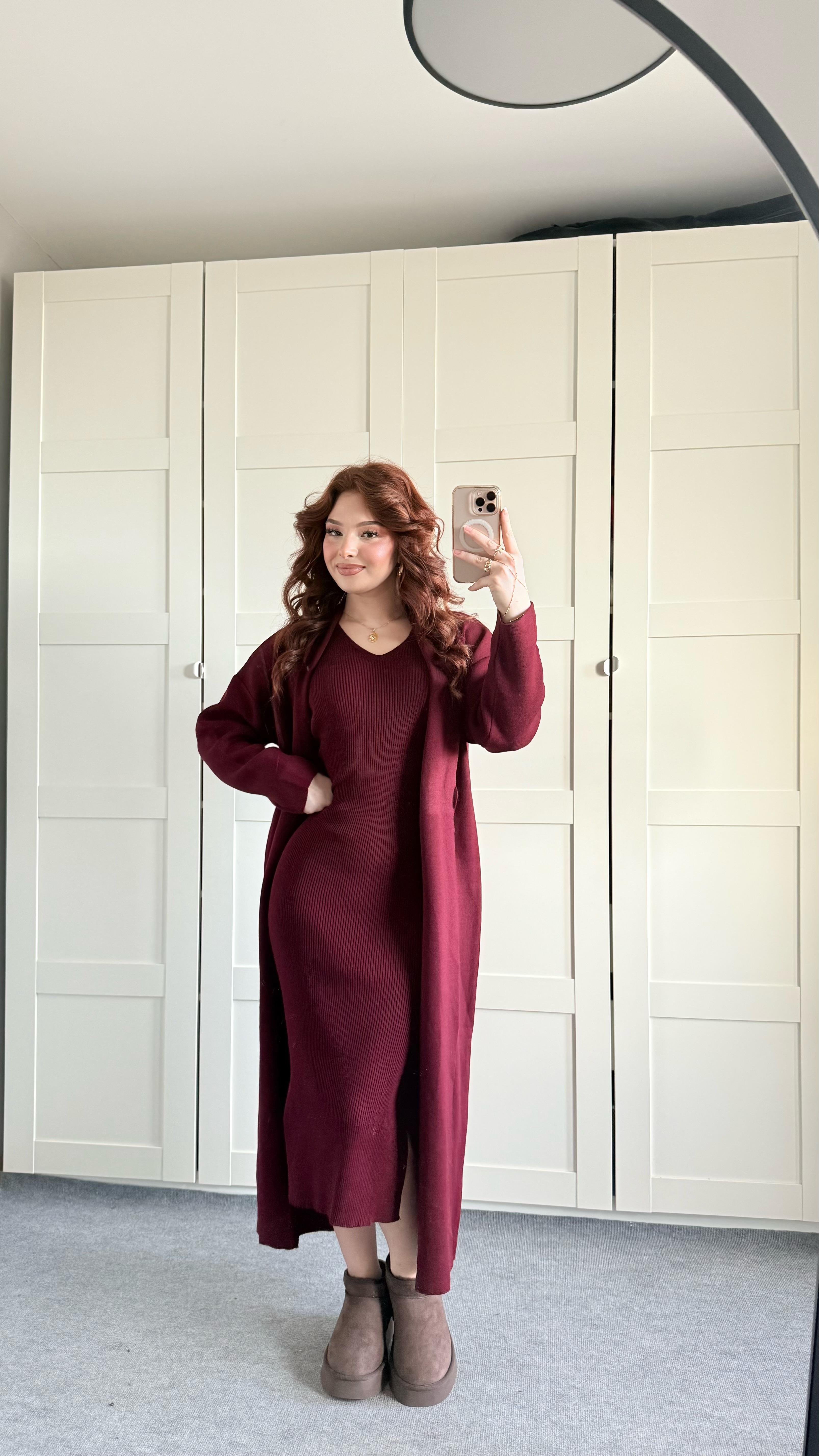 Triko Elbise Hırka Takım Bordo