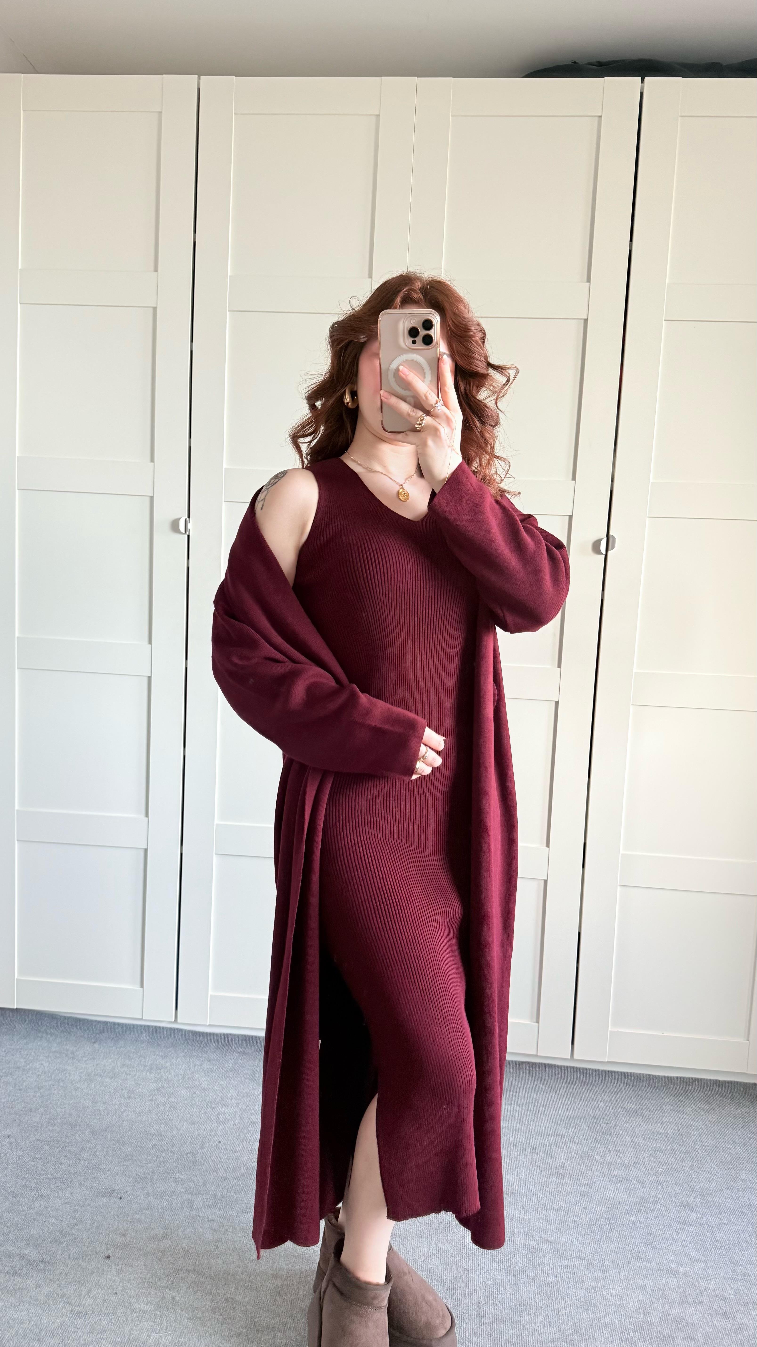 Triko Elbise Hırka Takım Bordo