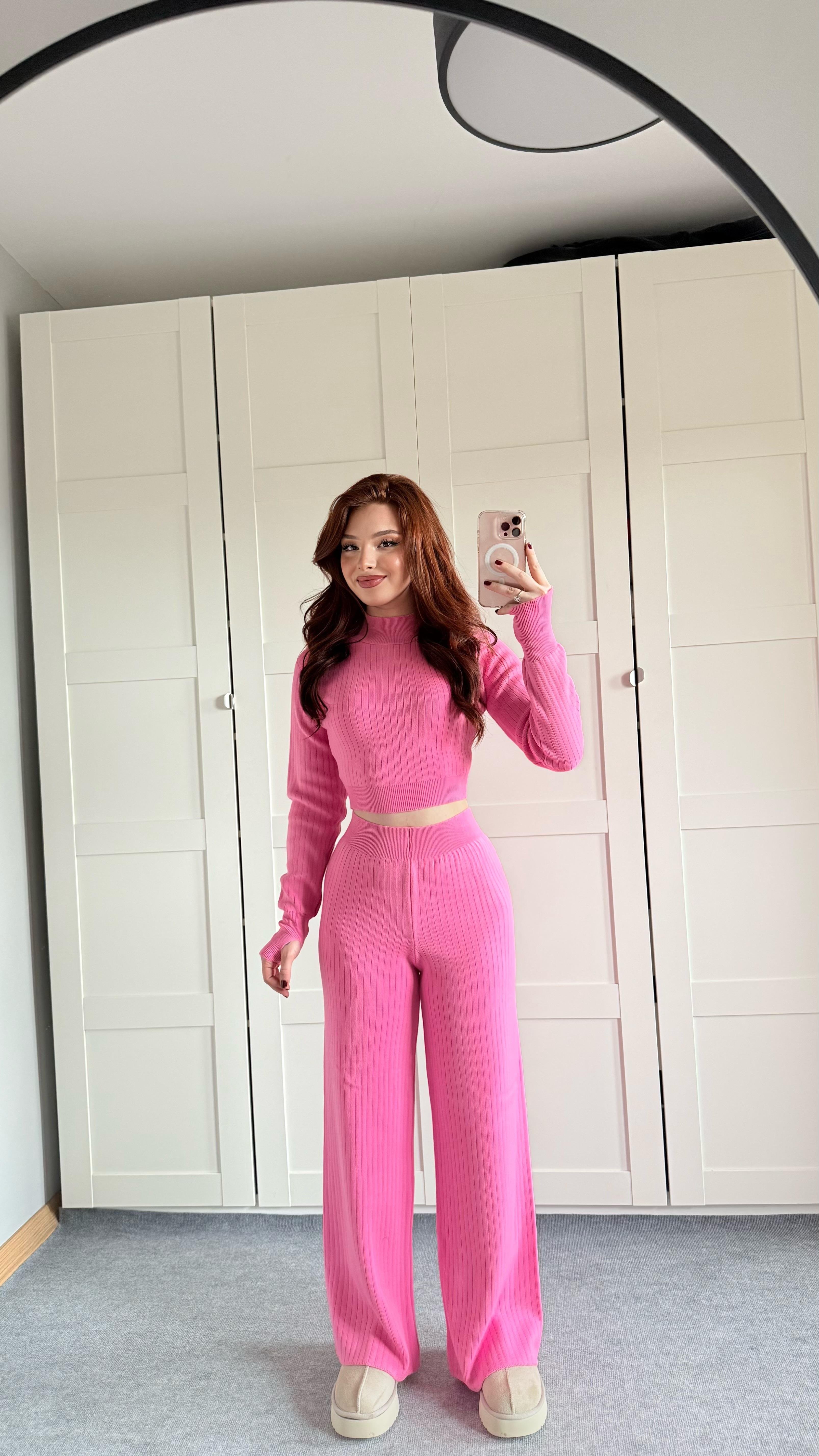 Triko Parmak Geçirmeli Takım Pembe