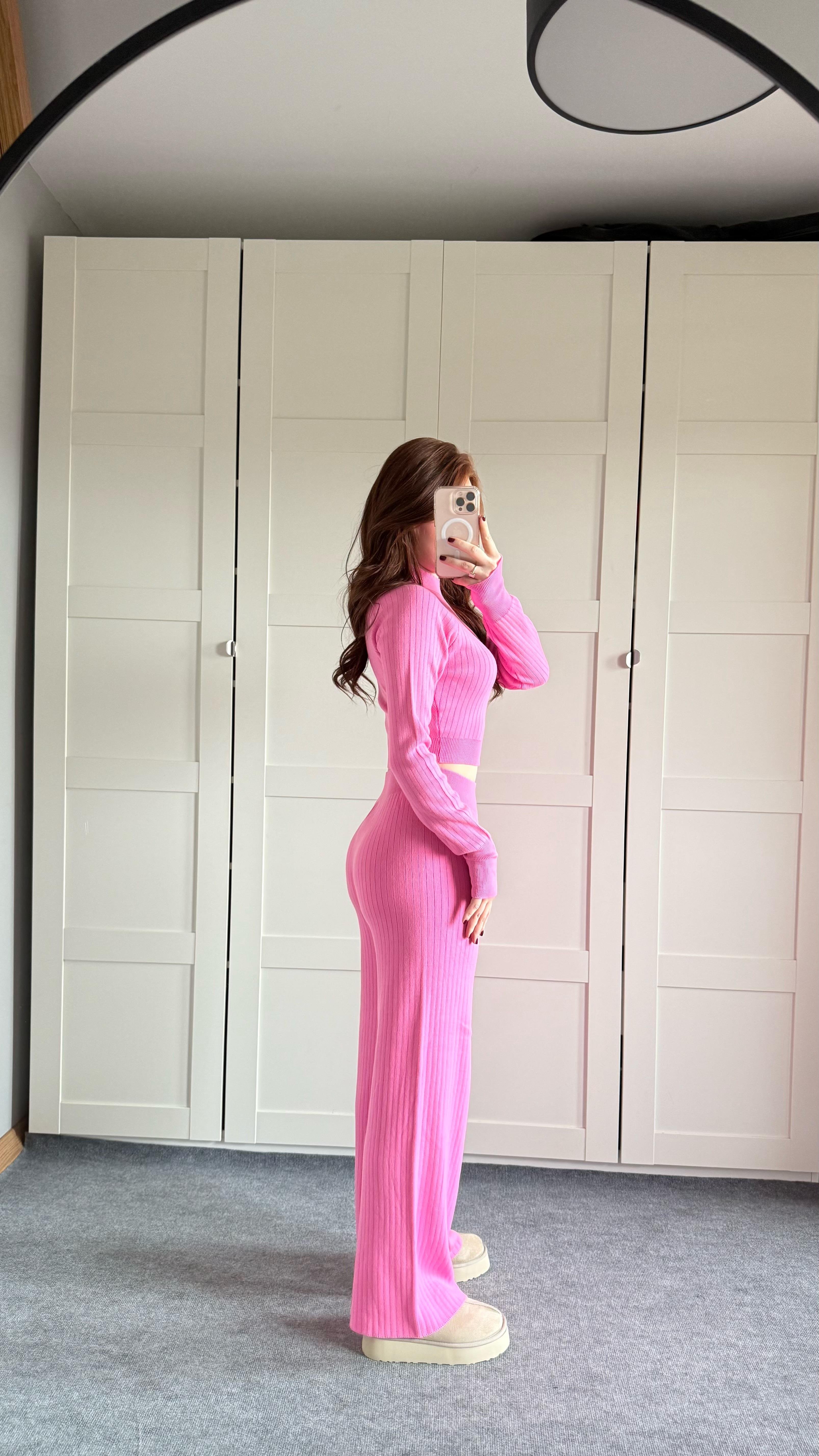 Triko Parmak Geçirmeli Takım Pembe
