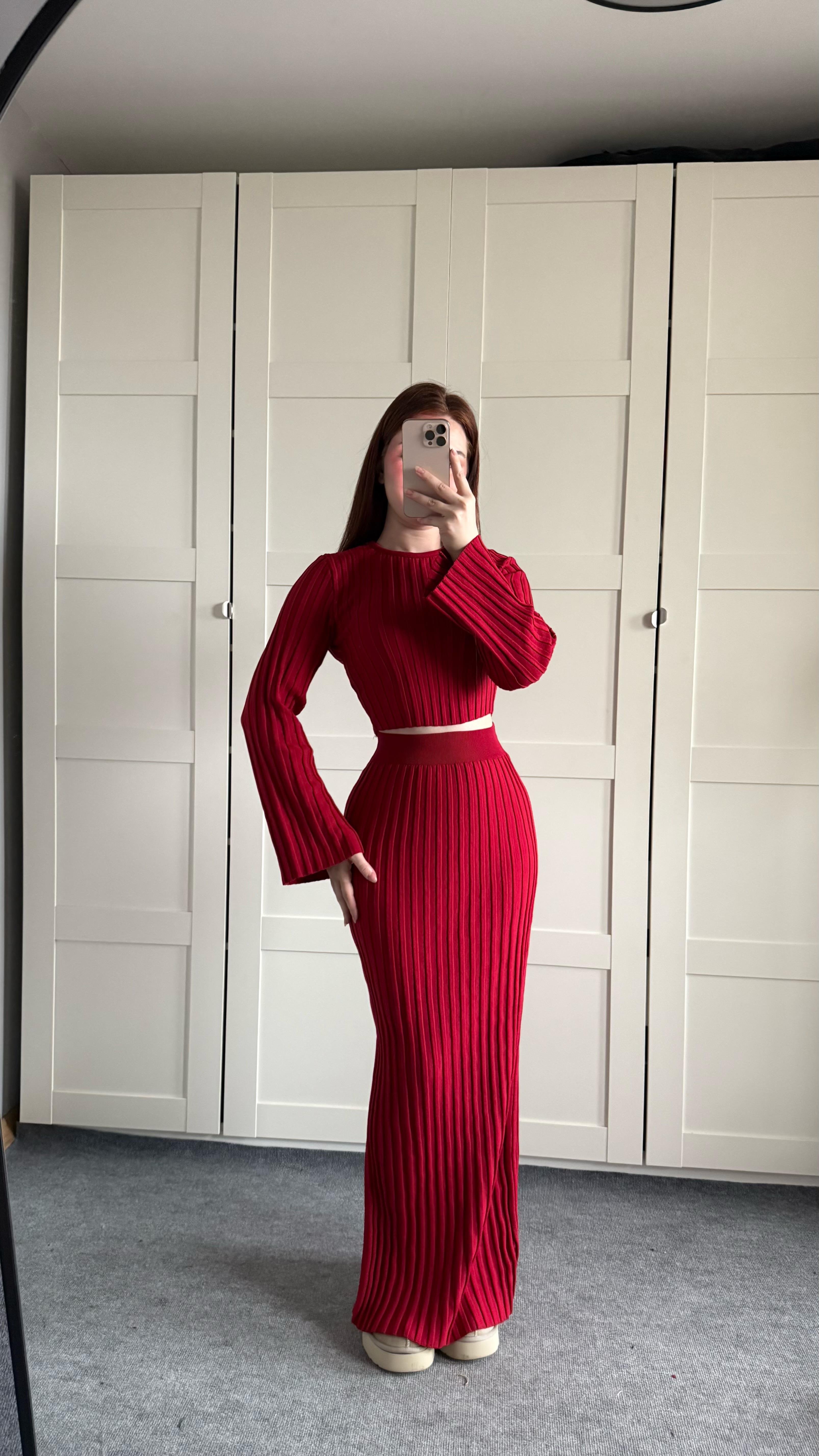 Triko Uzun Etek Takım Bordo