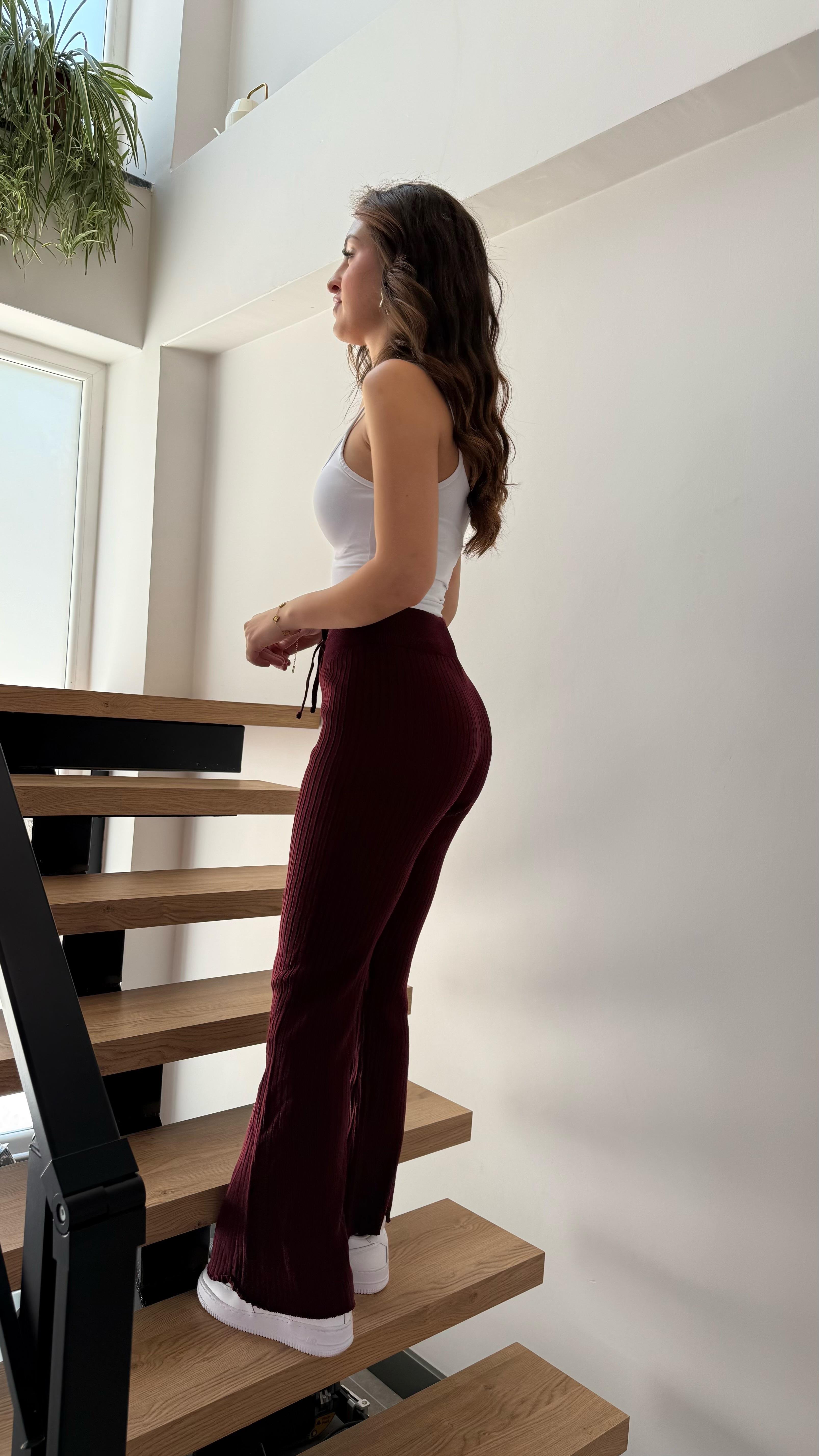 Triko Yüksek Bel Pantolon Bordo