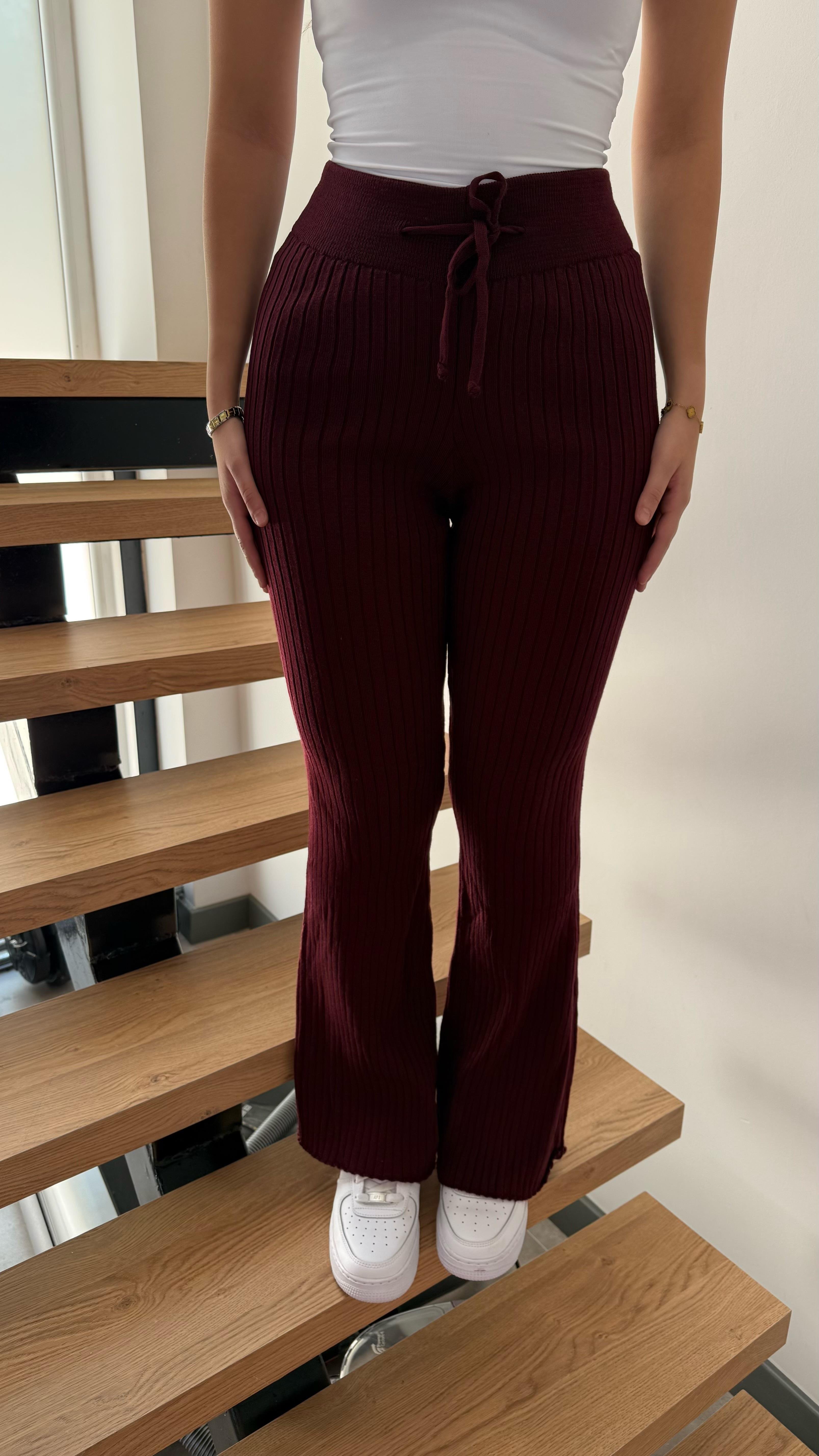 Triko Yüksek Bel Pantolon Bordo