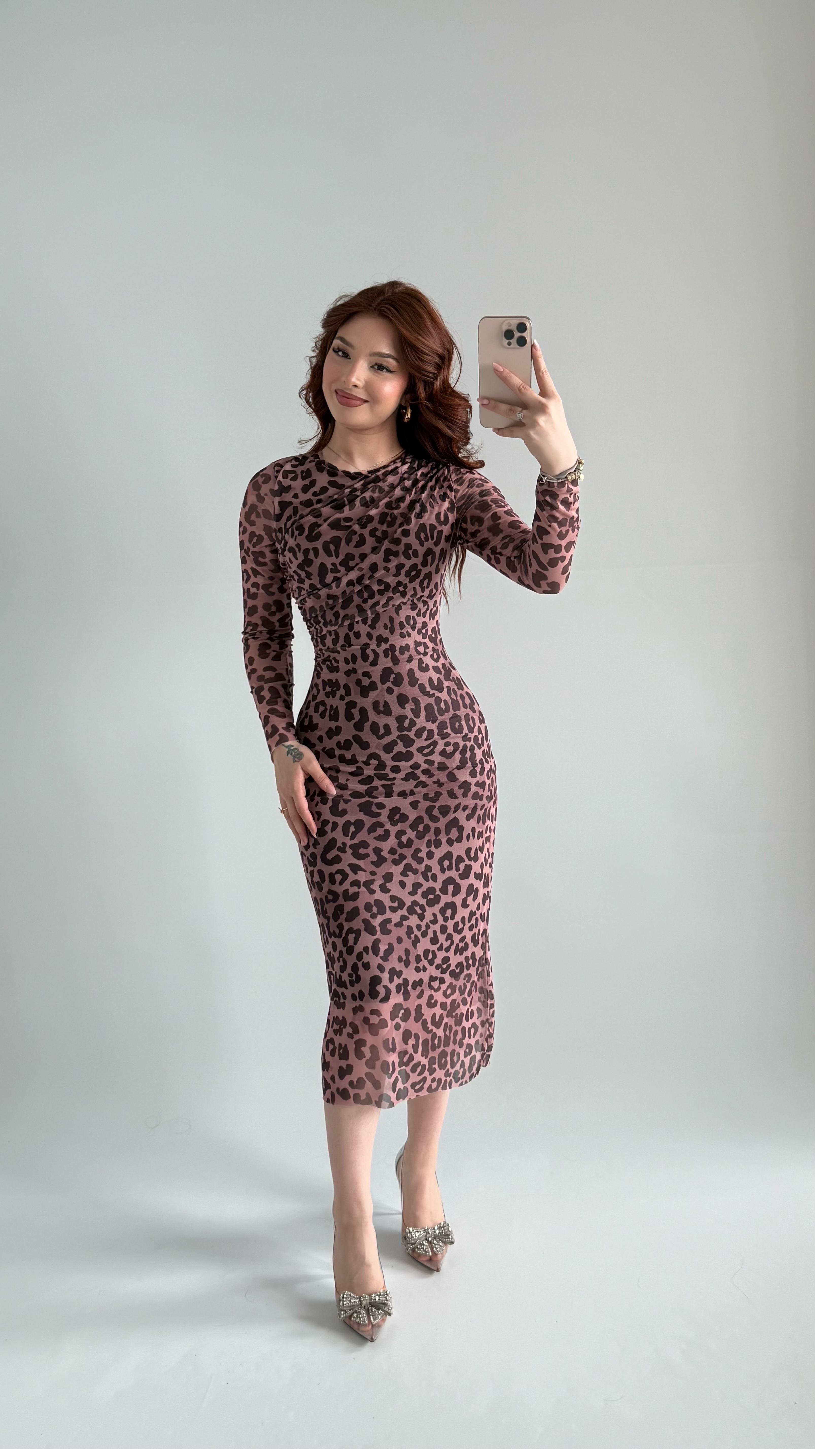 Tüllü Fermuarlı Elbise Leopar