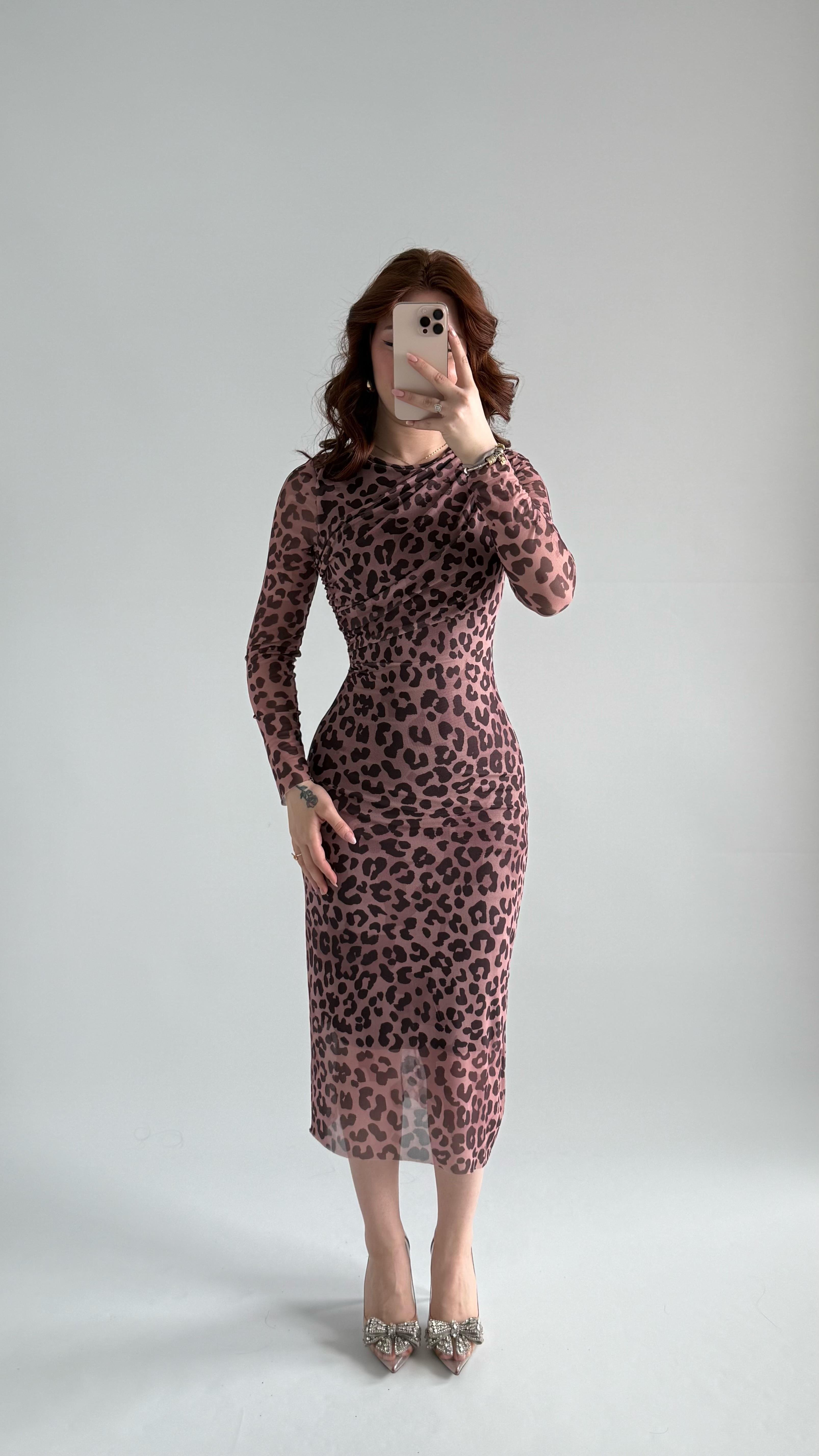 Tüllü Fermuarlı Elbise Leopar