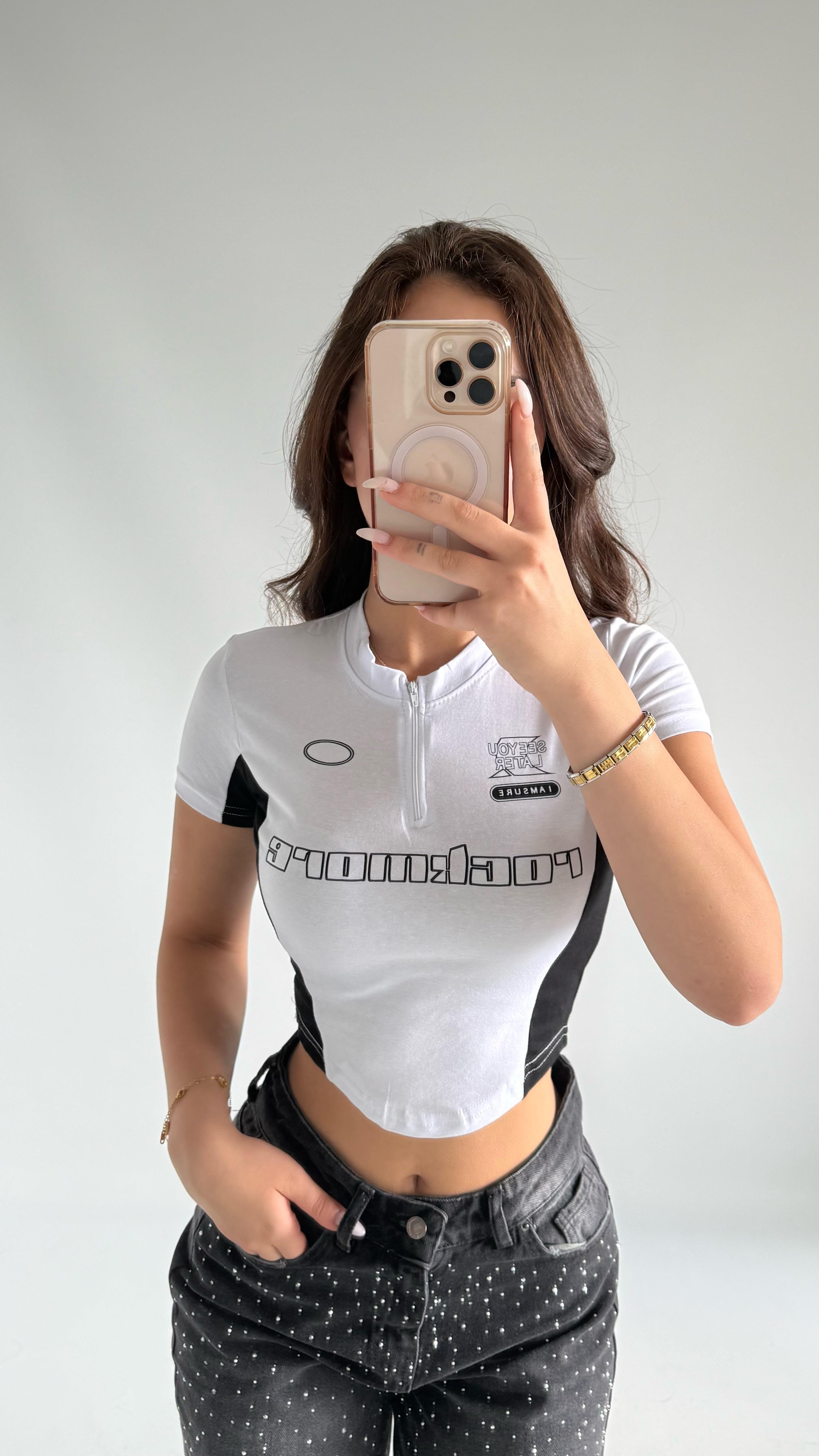 Tusubasa Fermuarlı Crop Beyaz