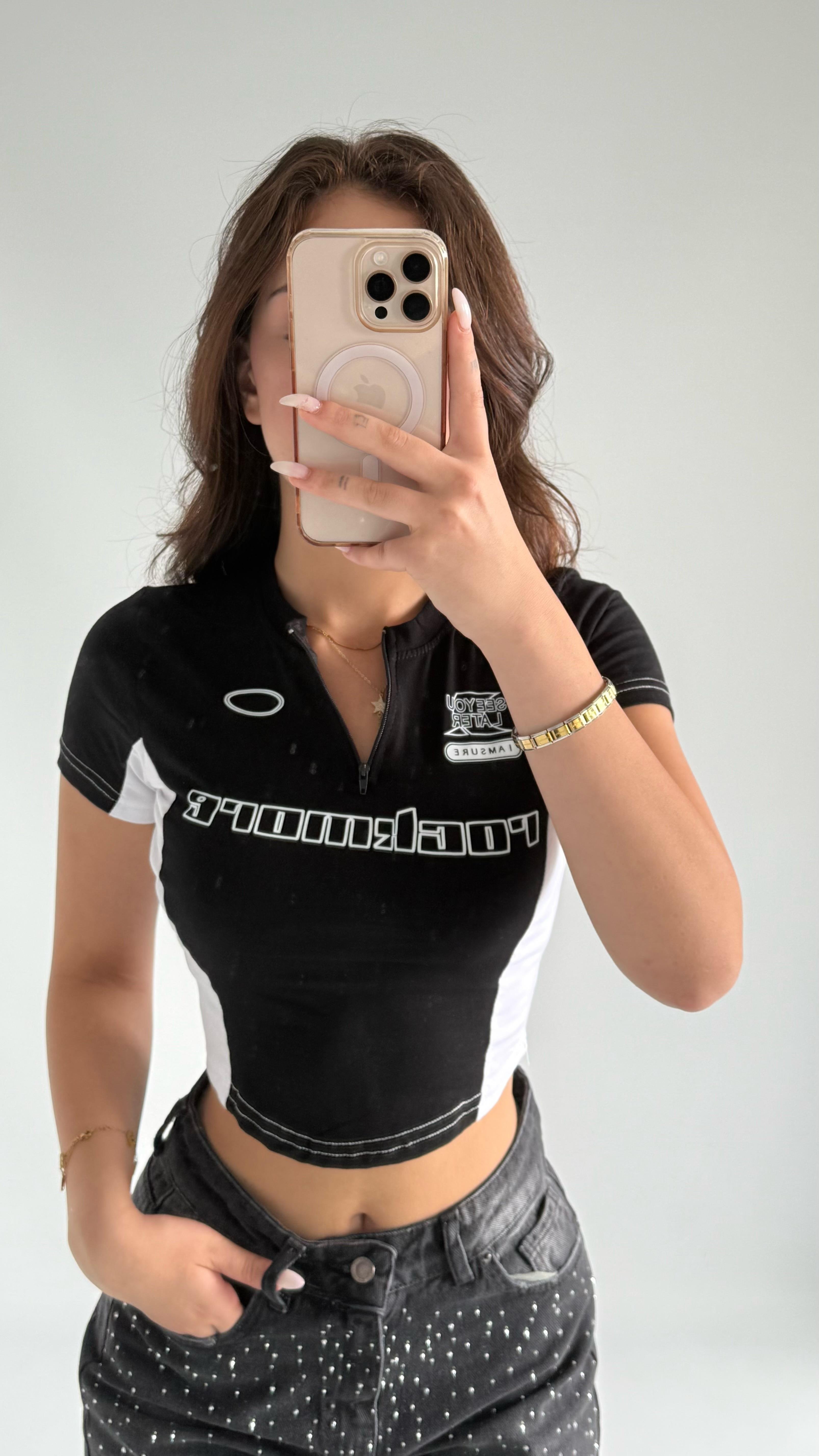 Tusubasa Fermuarlı Crop Siyah