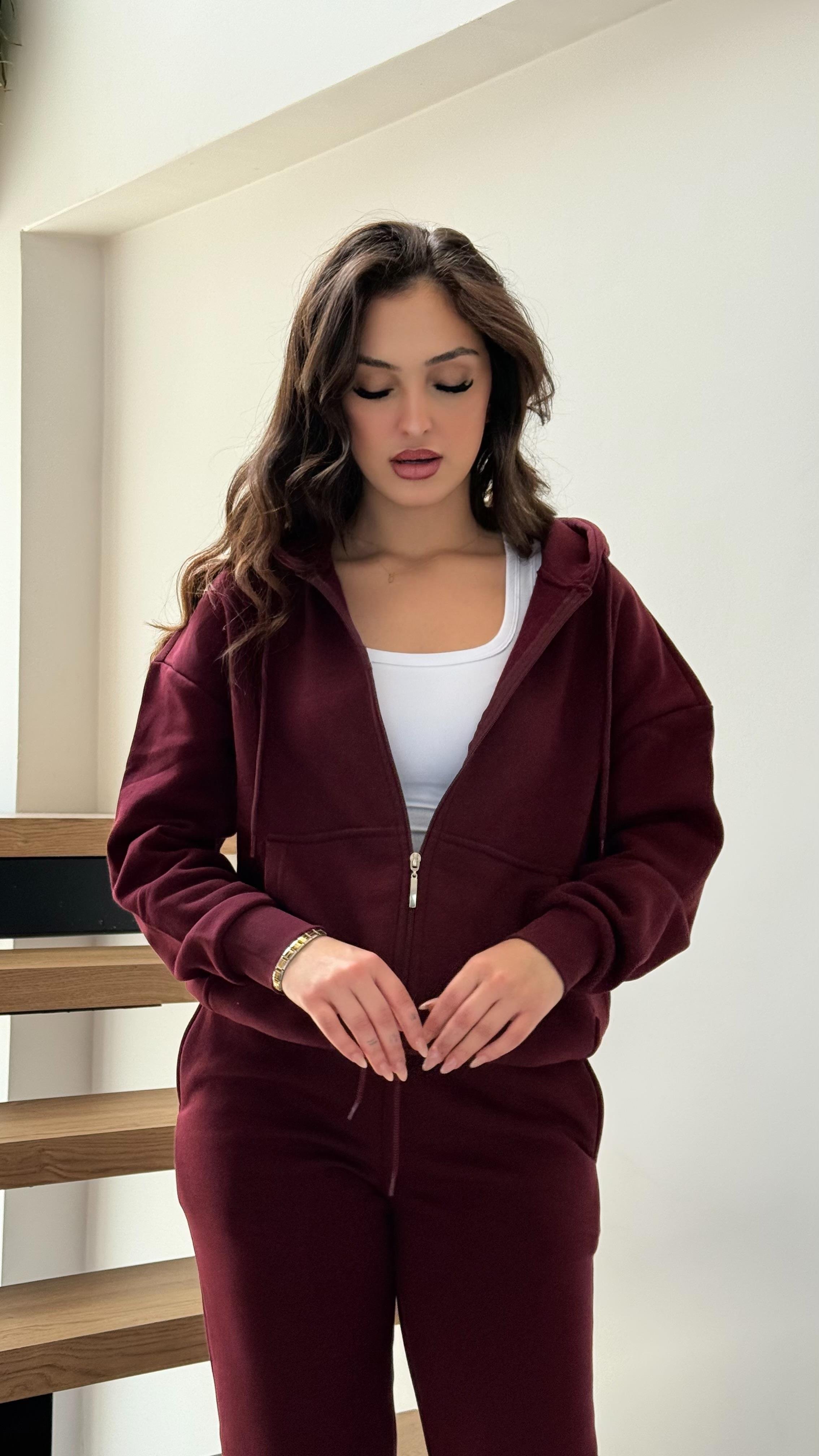 Üç İplik Kapüşonlu Bordo