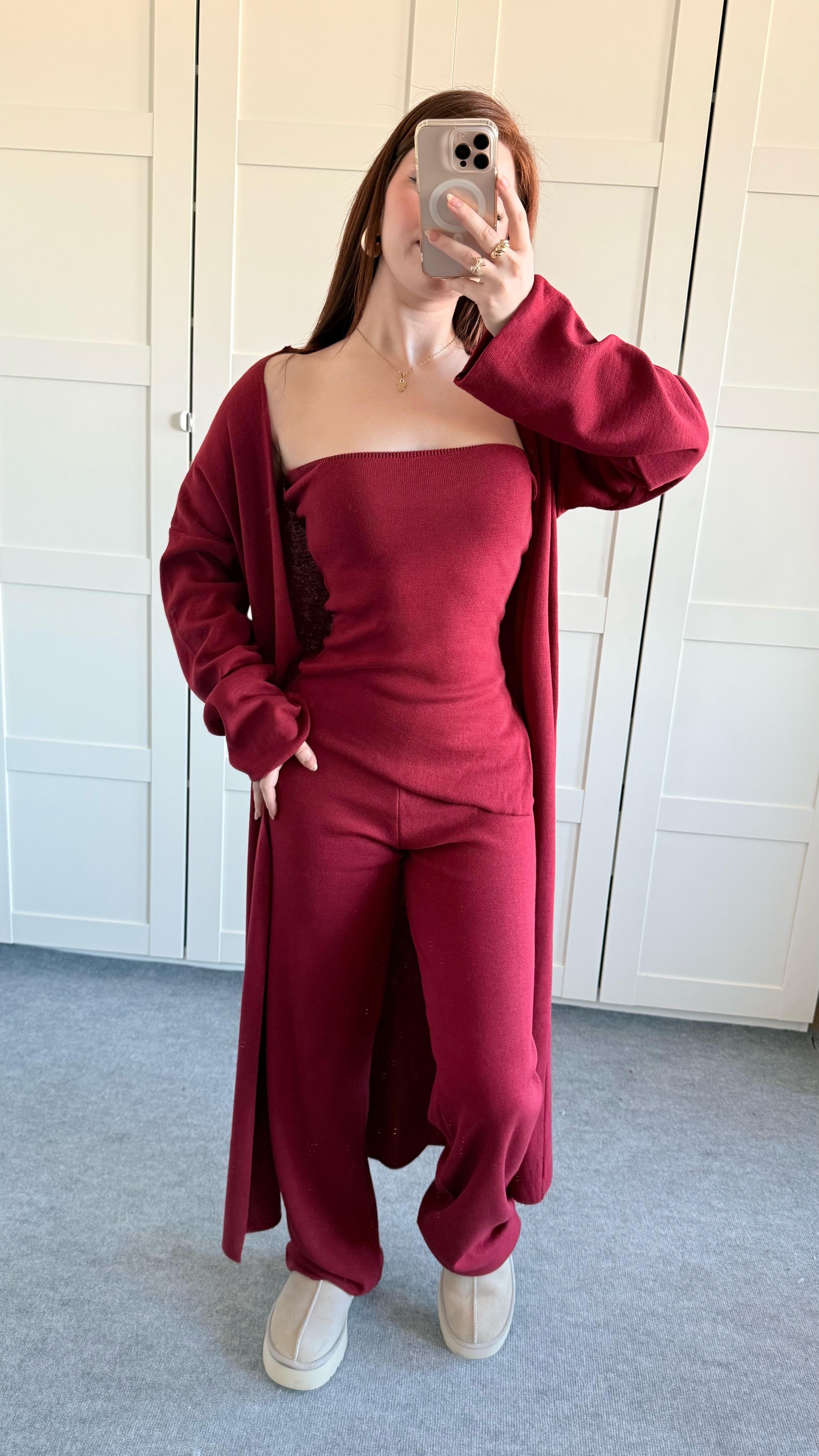 Üçlü Hırka Triko Takım Bordo