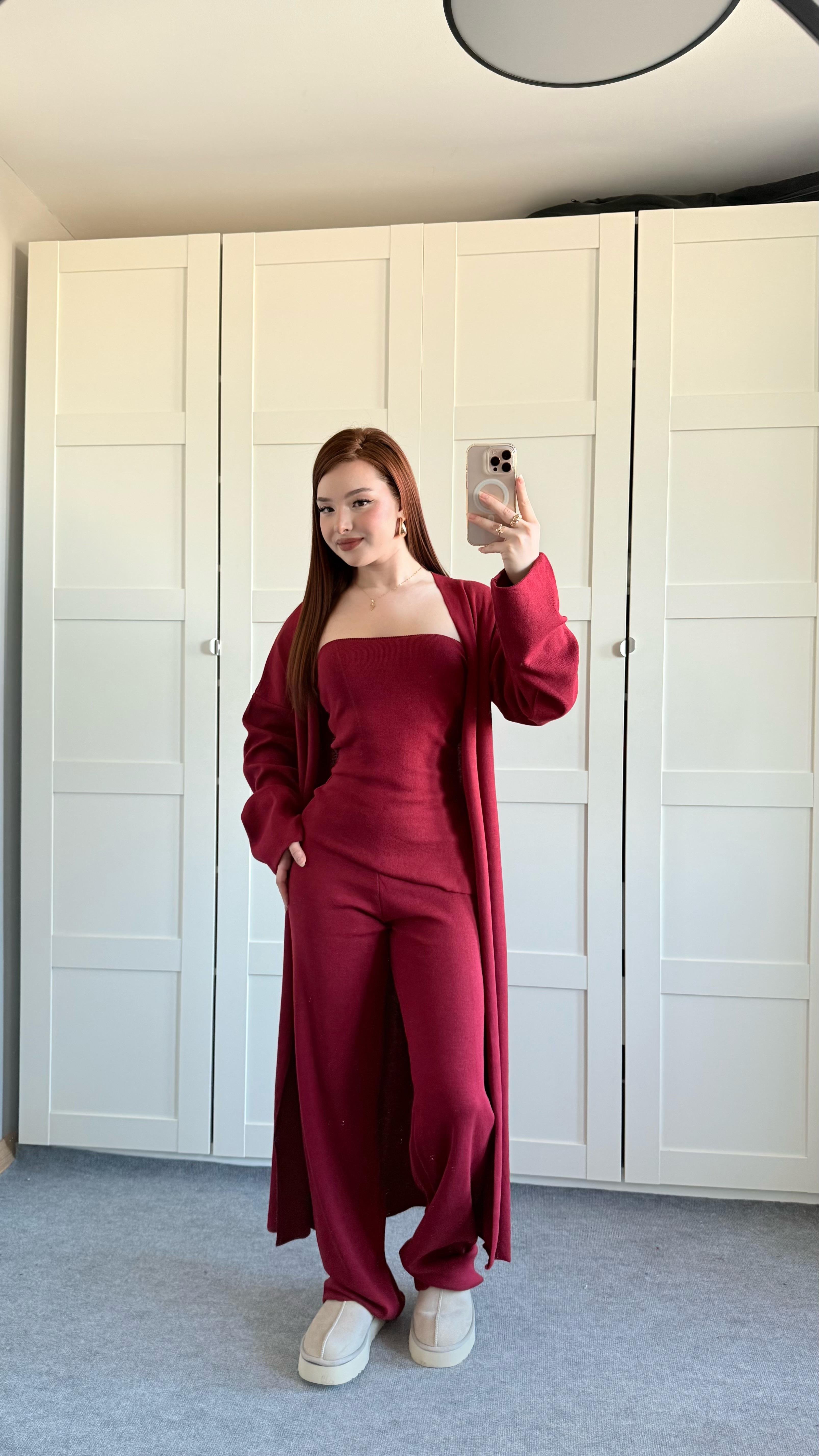 Üçlü Hırka Triko Takım Bordo