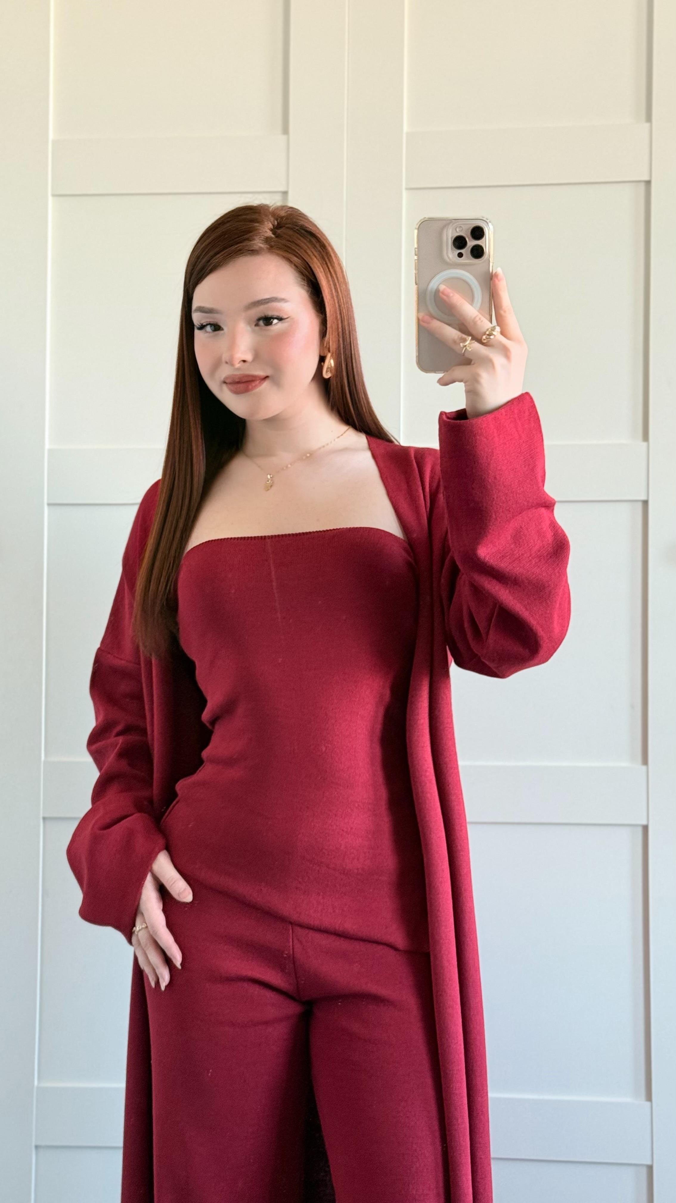 Üçlü Hırka Triko Takım Bordo