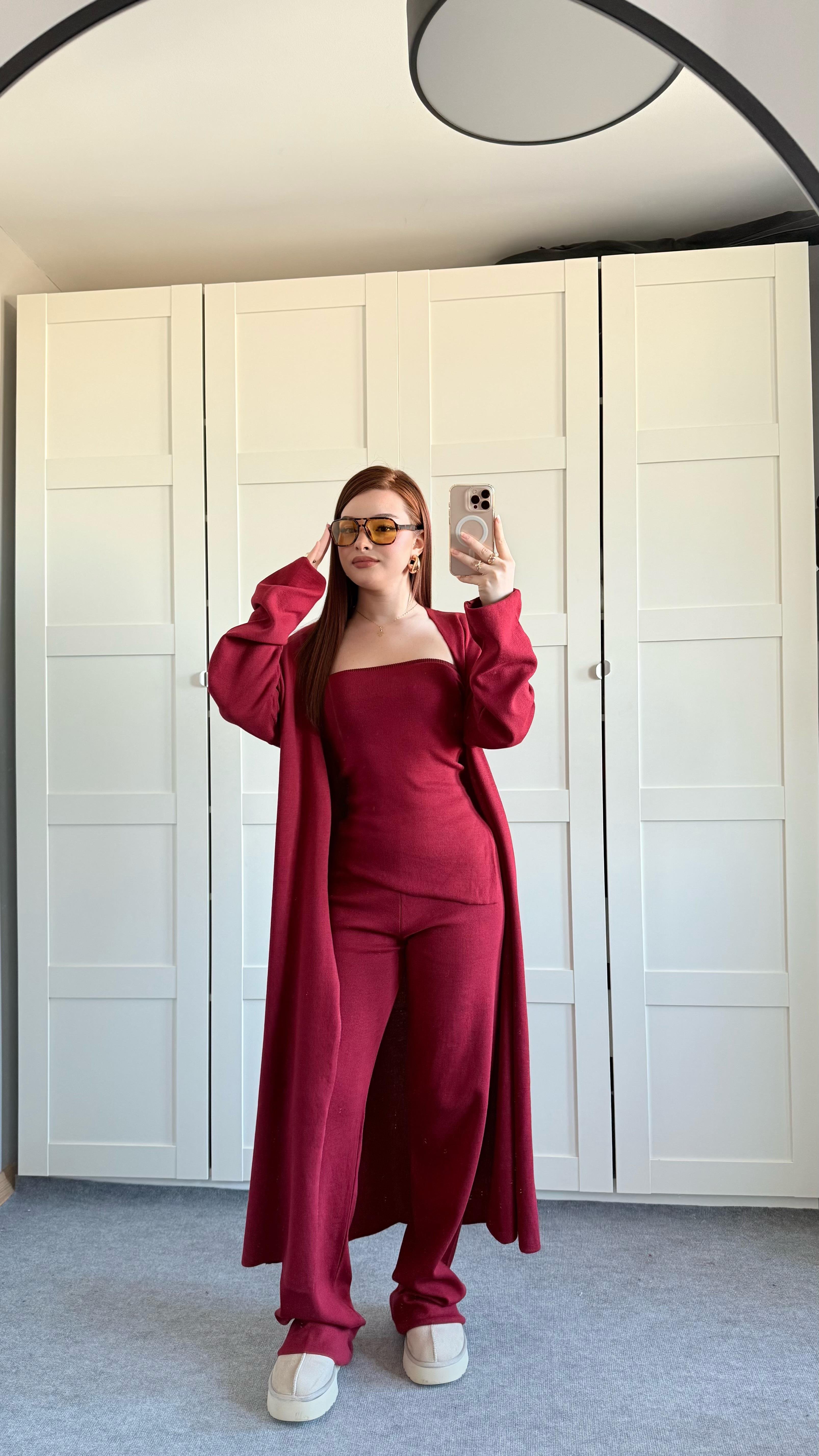 Üçlü Hırka Triko Takım Bordo