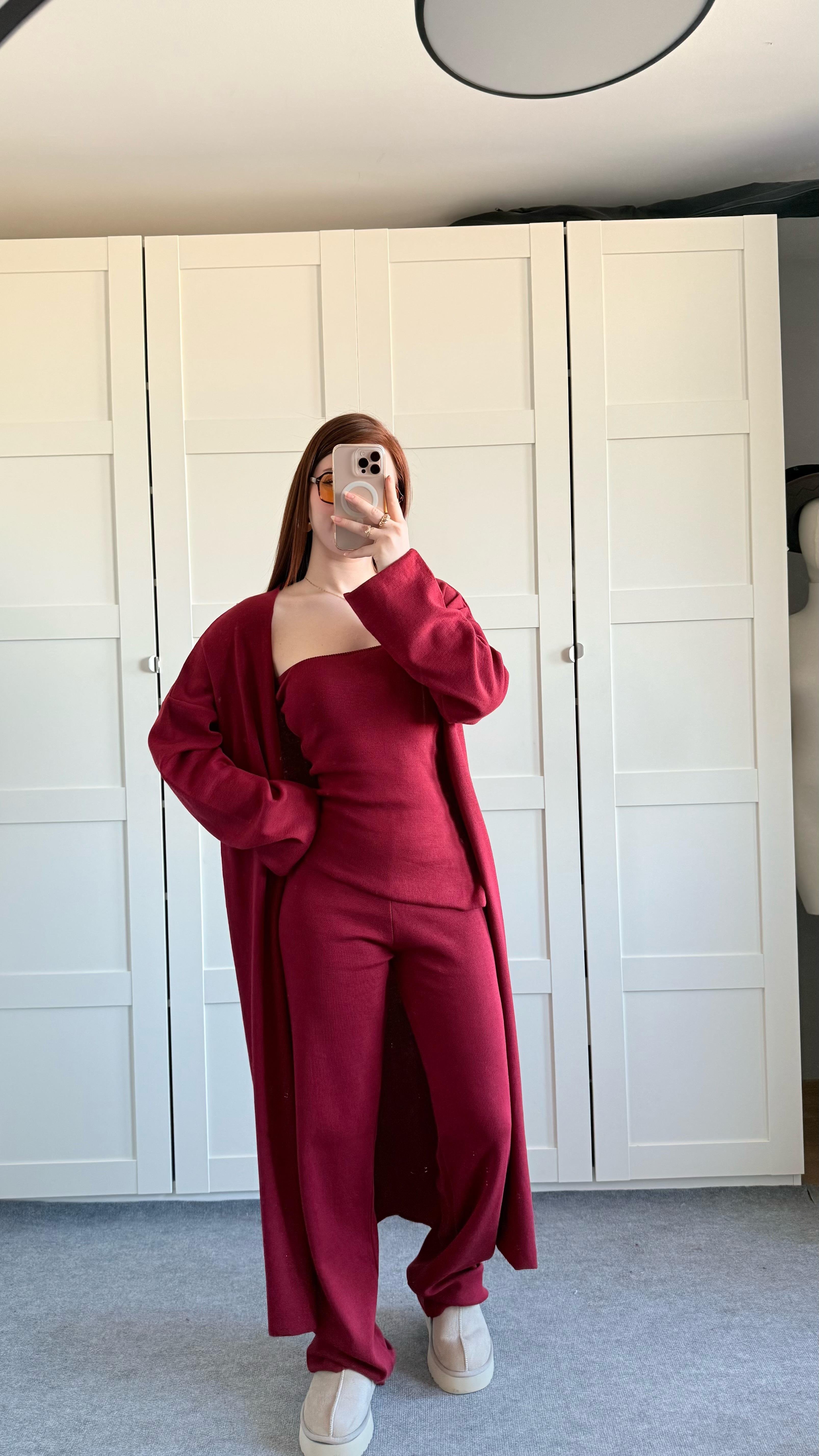 Üçlü Hırka Triko Takım Bordo