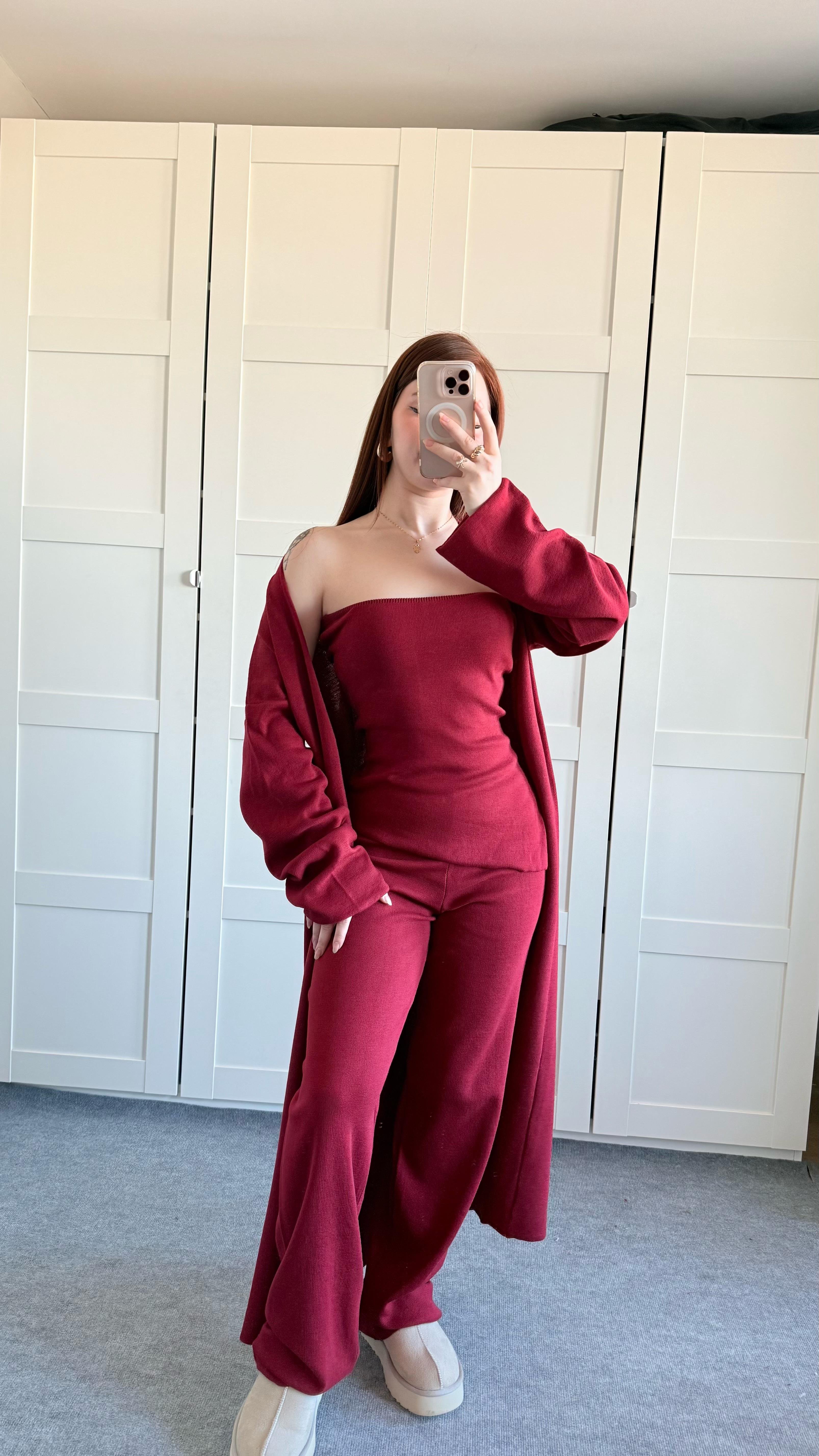 Üçlü Hırka Triko Takım Bordo