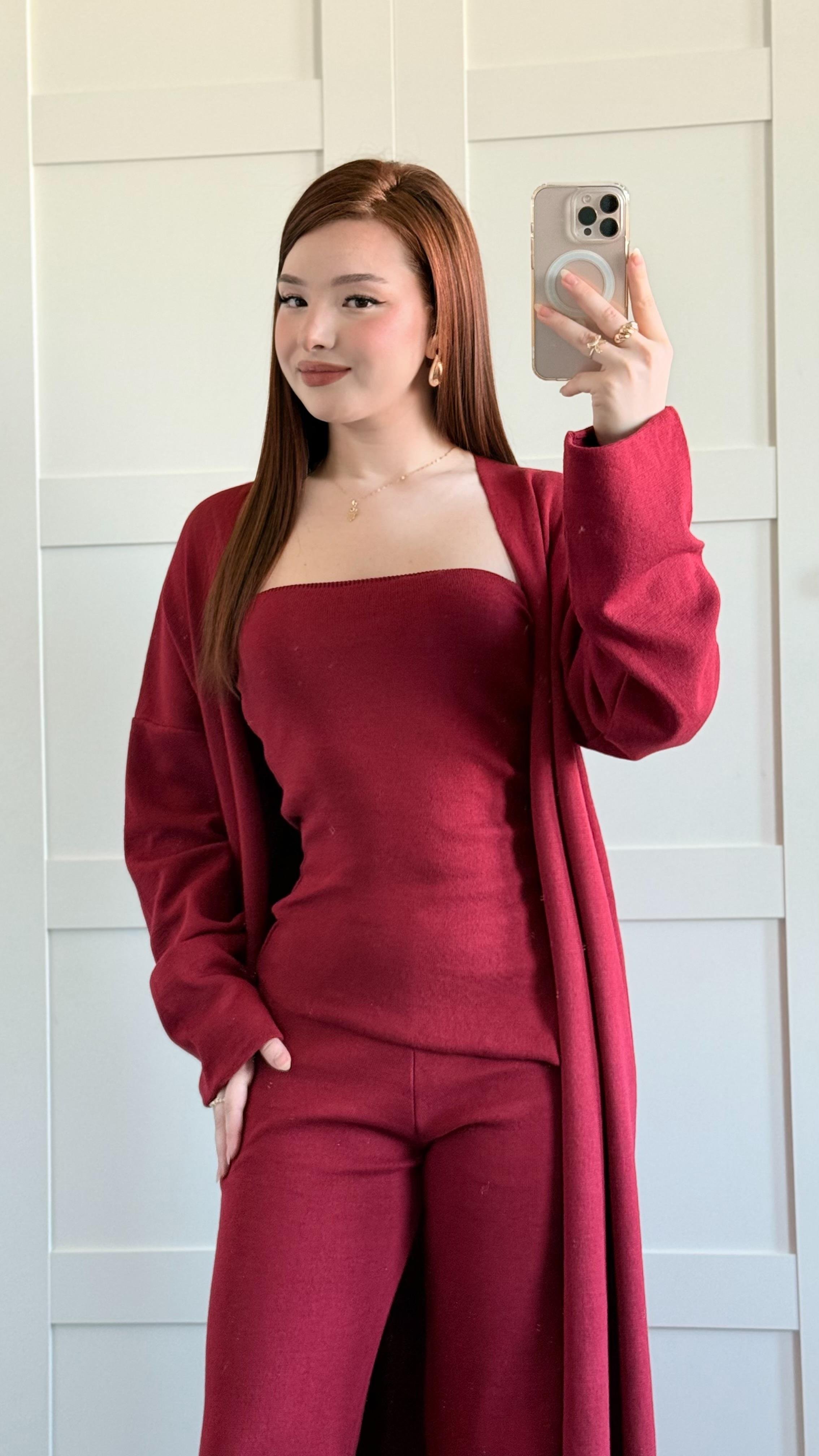 Üçlü Hırka Triko Takım Bordo