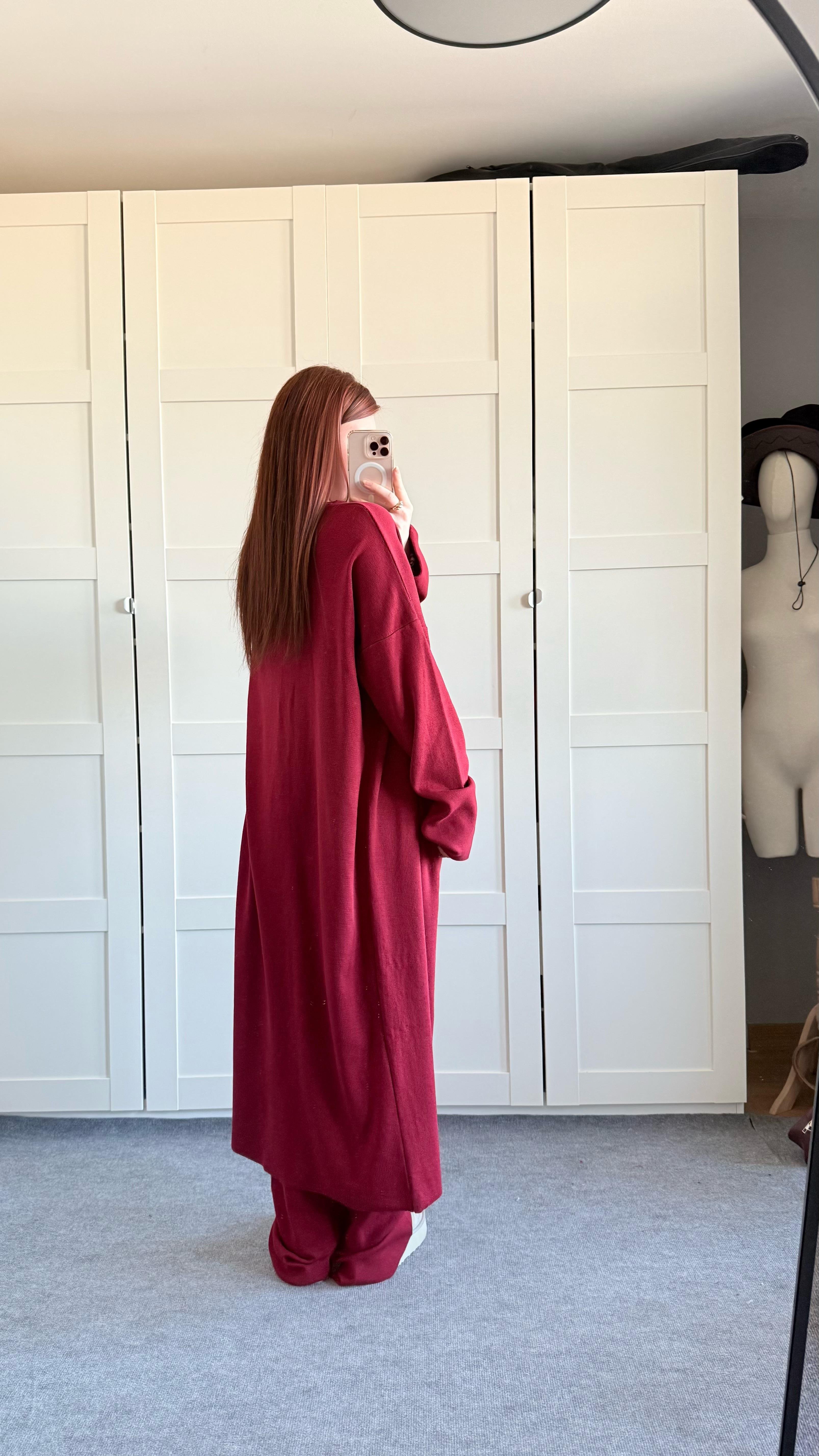 Üçlü Hırka Triko Takım Bordo