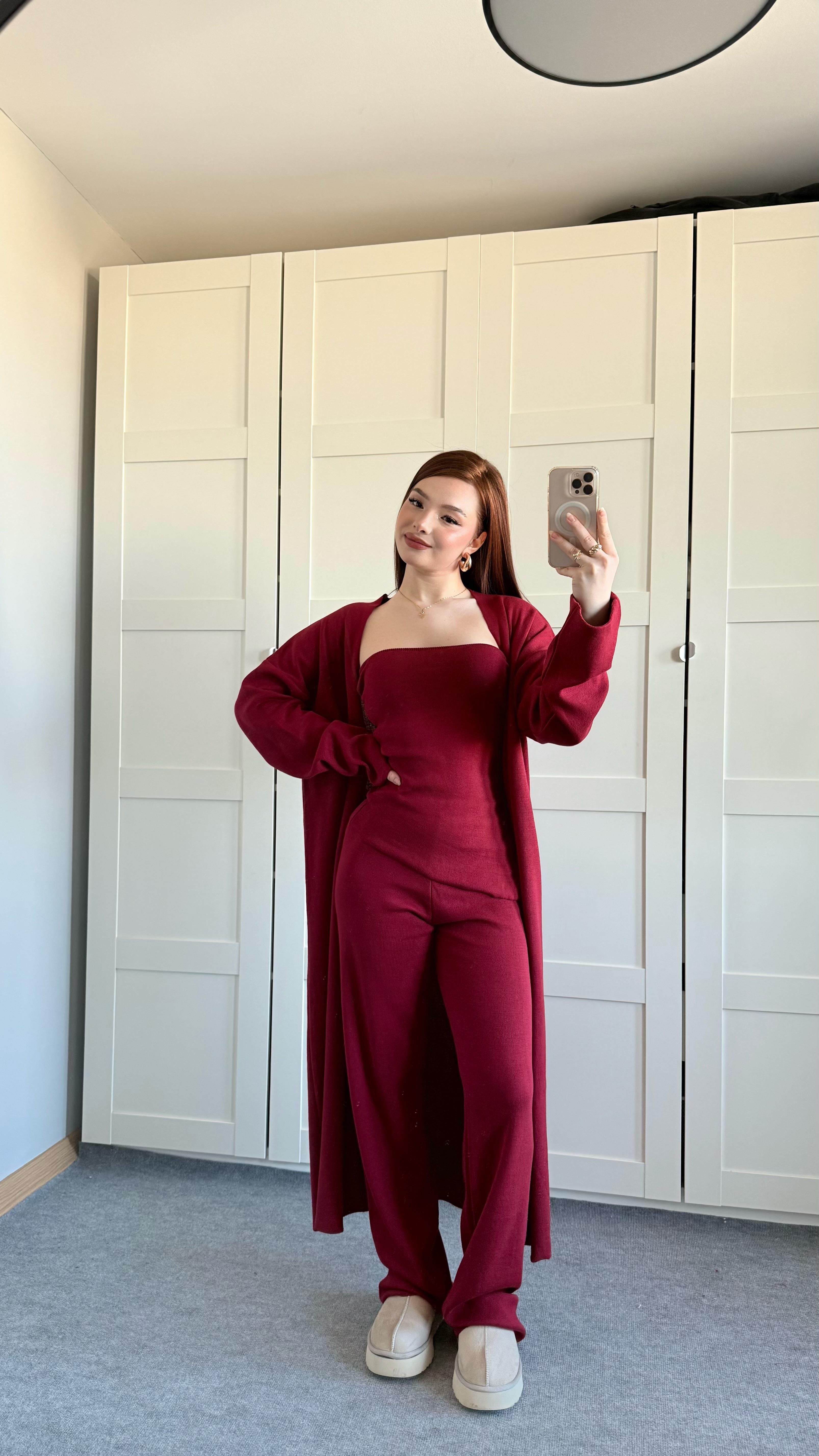 Üçlü Hırka Triko Takım Bordo