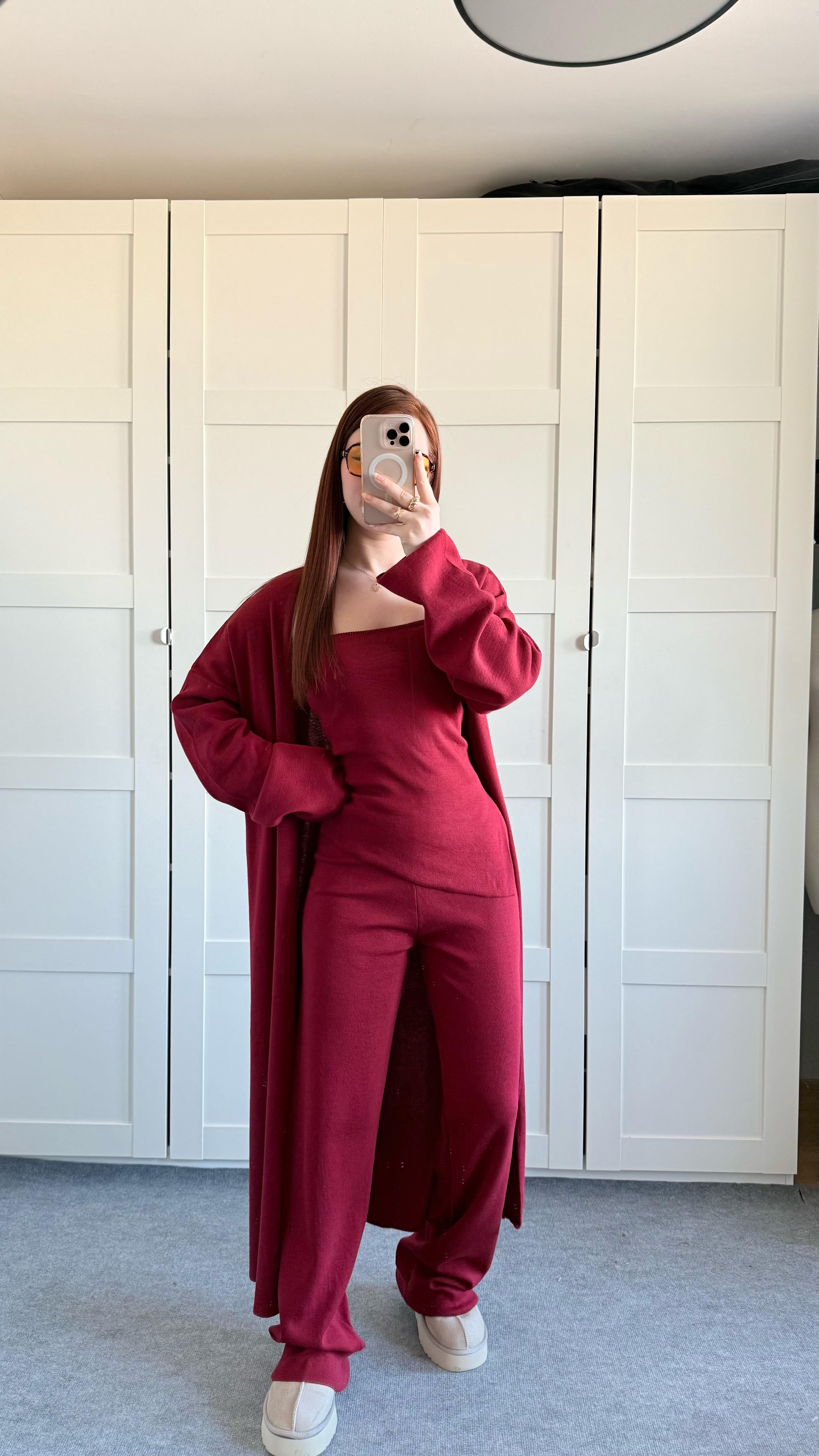 Üçlü Hırka Triko Takım Bordo