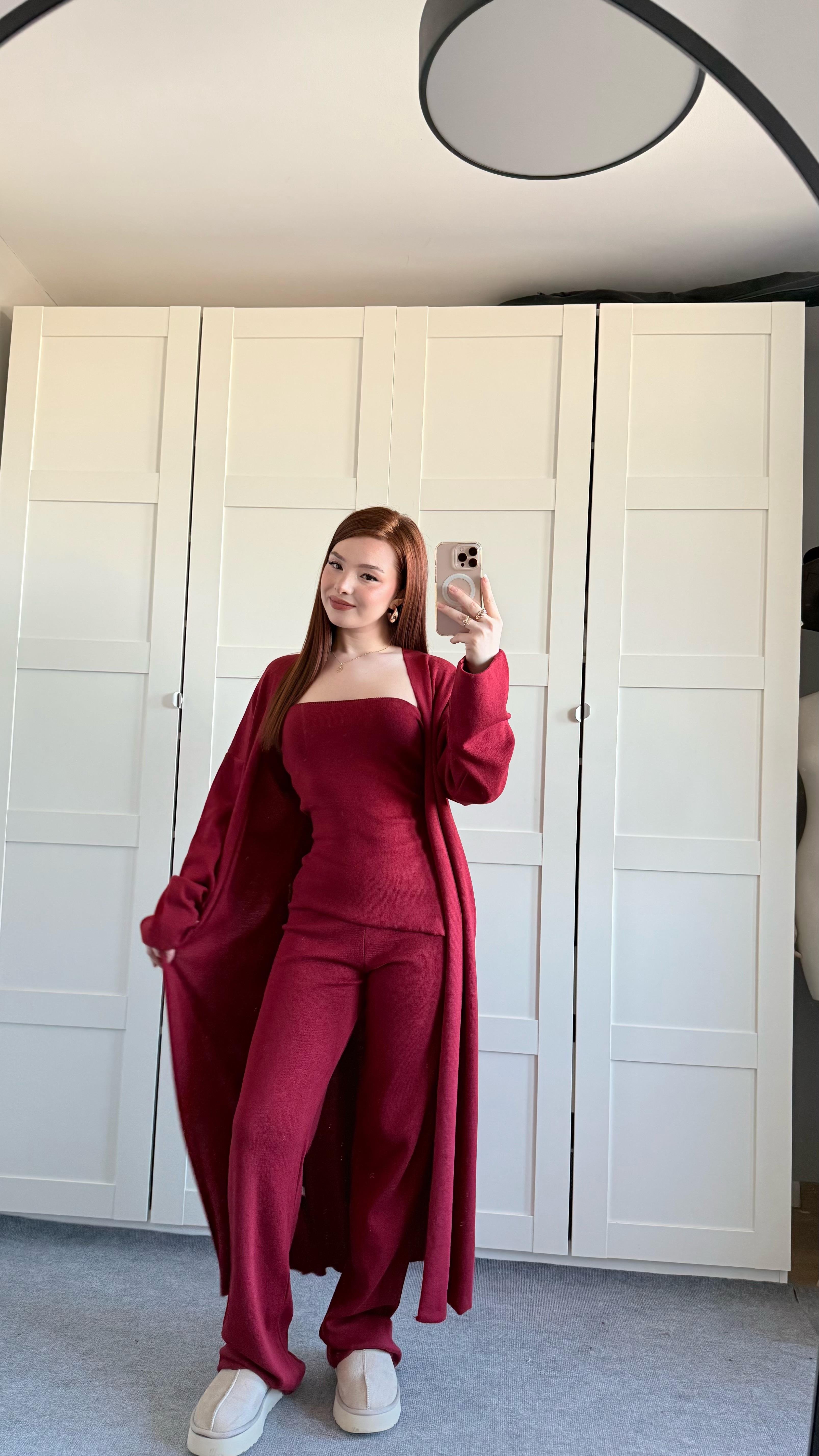 Üçlü Hırka Triko Takım Bordo