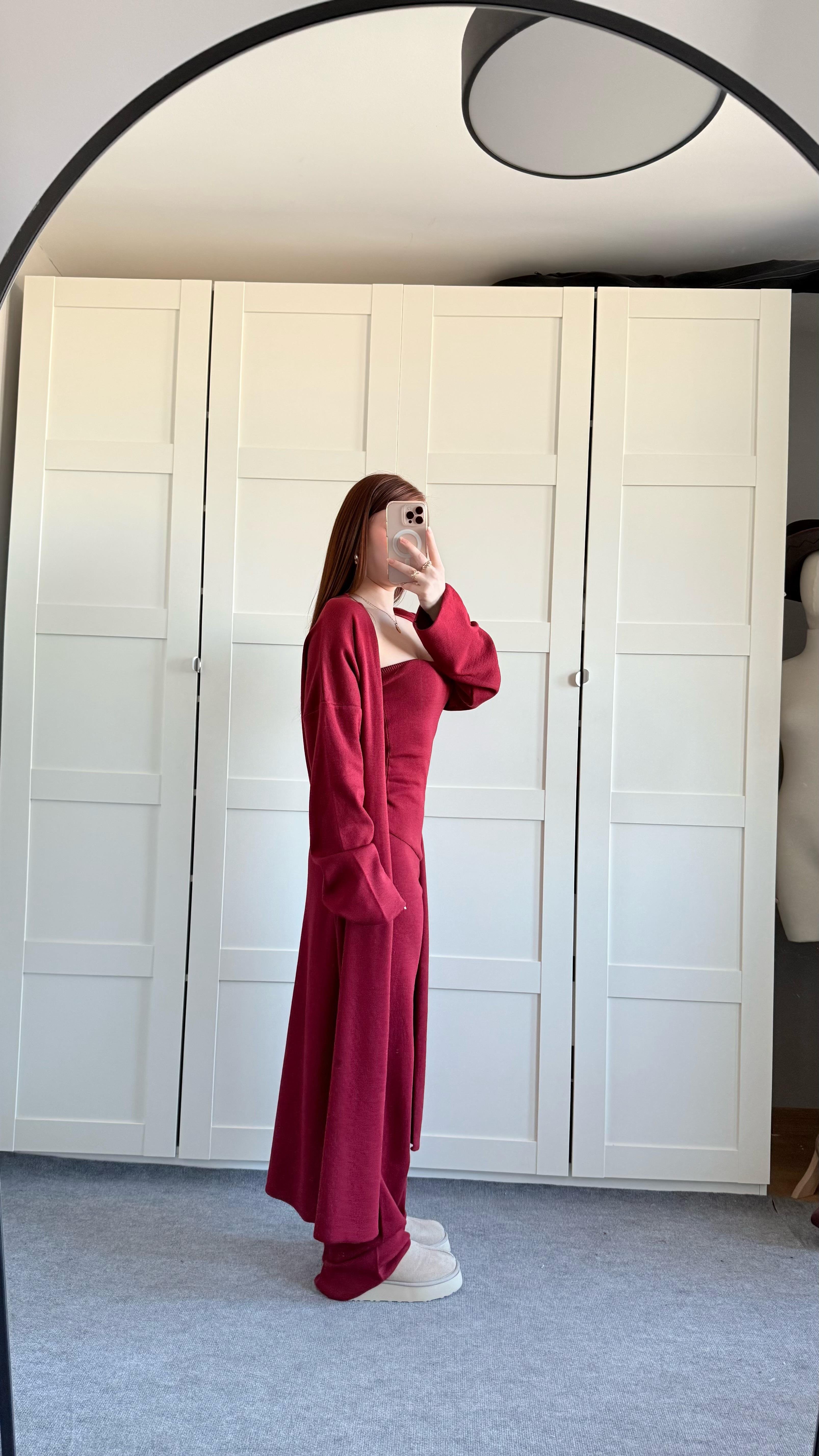 Üçlü Hırka Triko Takım Bordo